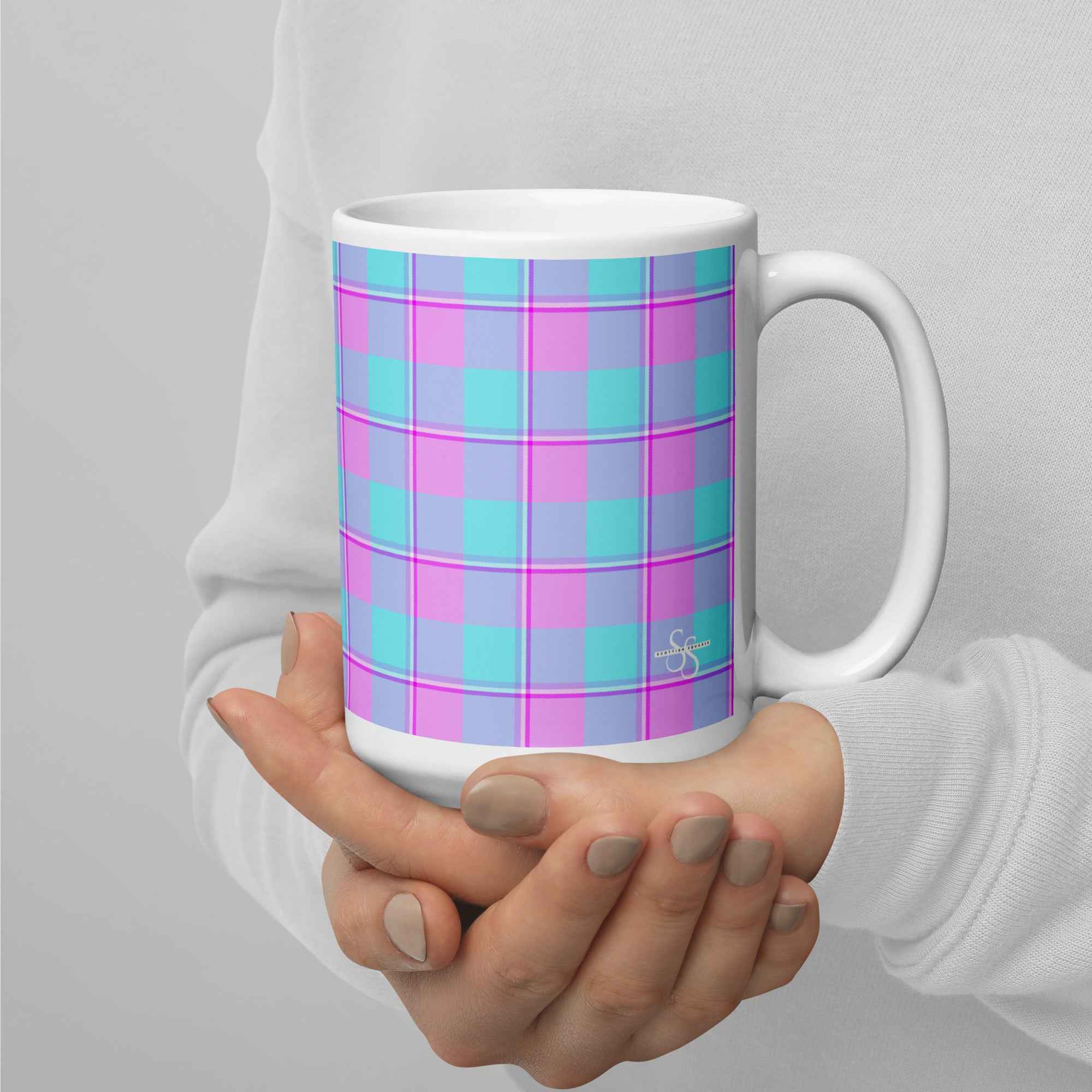 Mauve and Coastal Mist Plaid Ceramic Mug - Scottish Squares