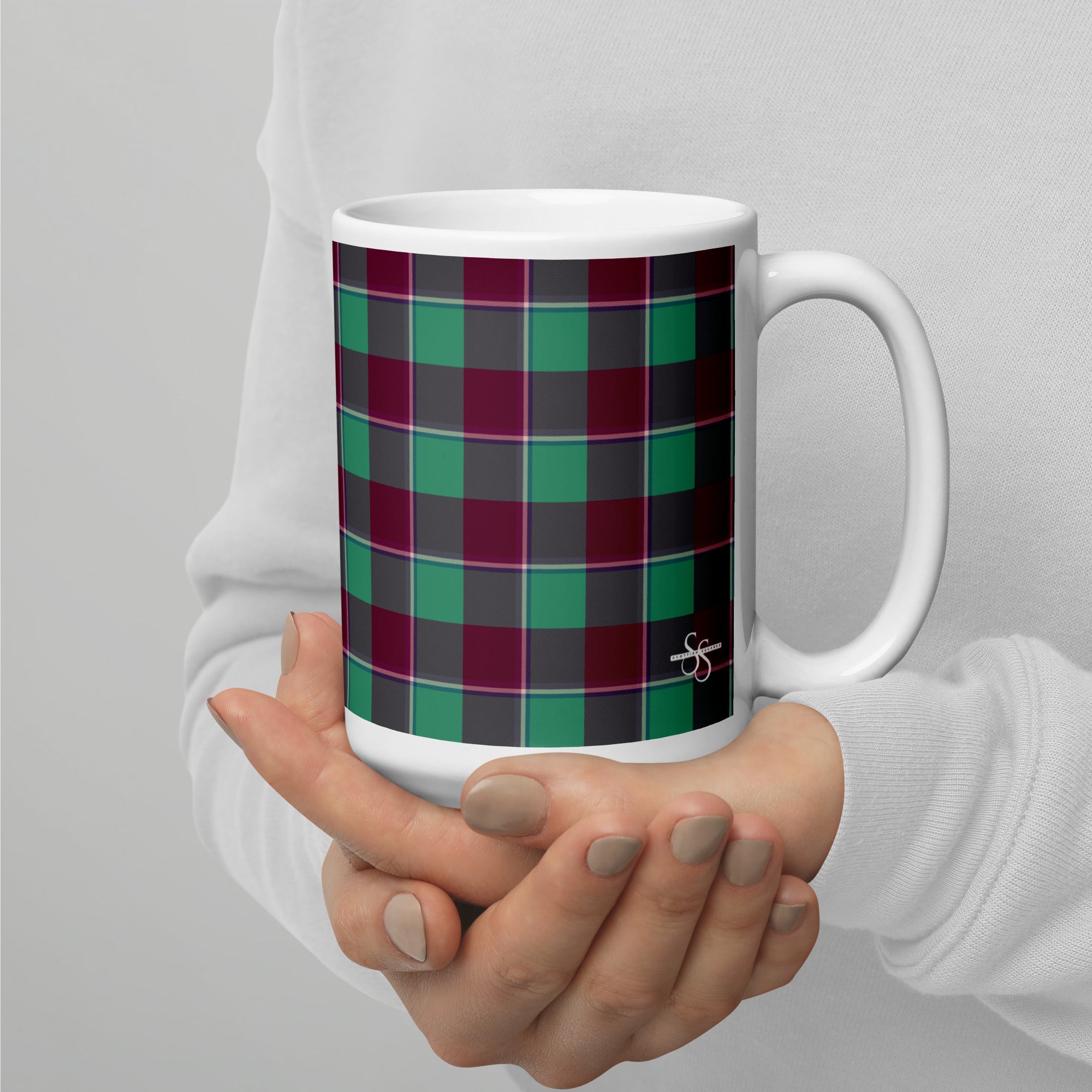Ocean Green and Mulberry Wood Plaid Ceramic Mug - Scottish Squares