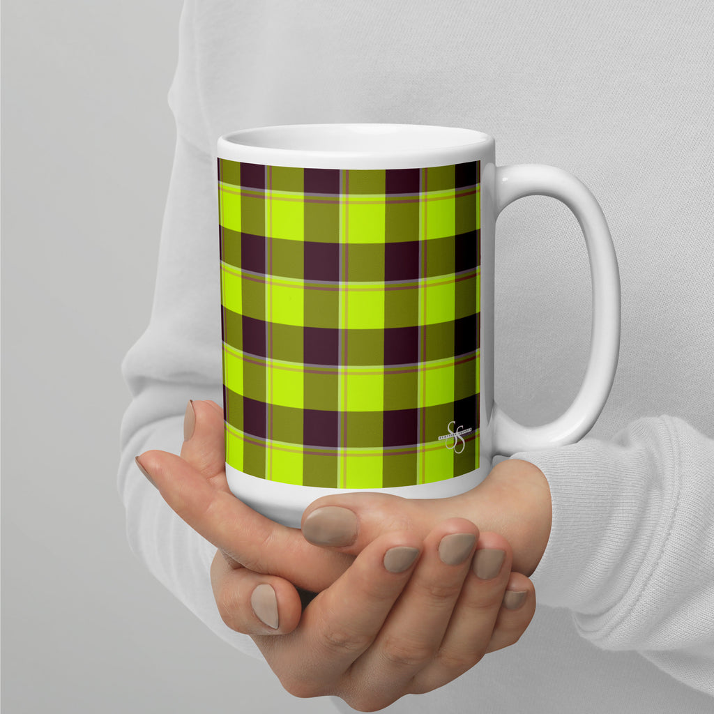 Electric Lime and Livid Brown Plaid Ceramic Mug - Scottish Squares