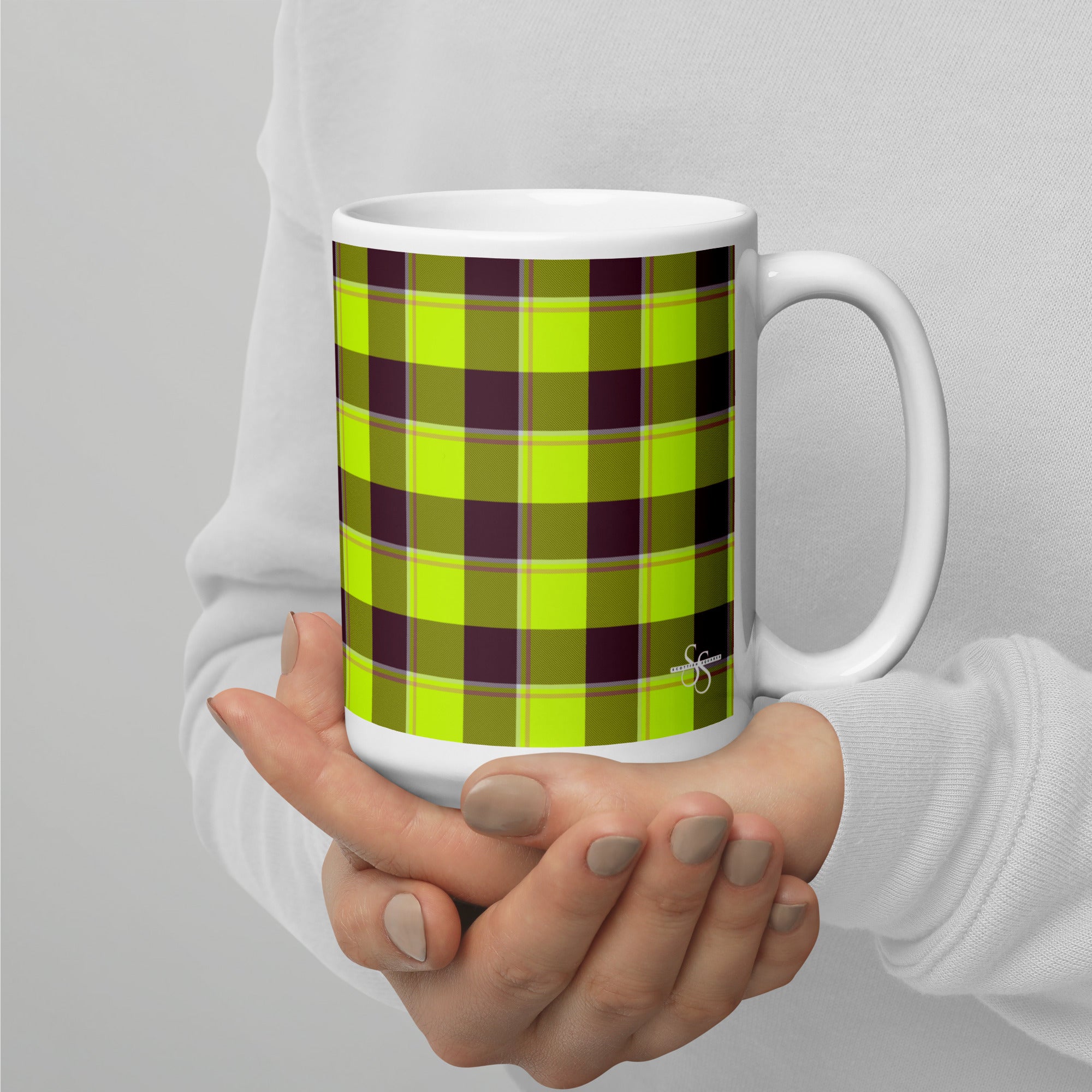 Electric Lime and Livid Brown Plaid Ceramic Mug - Scottish Squares