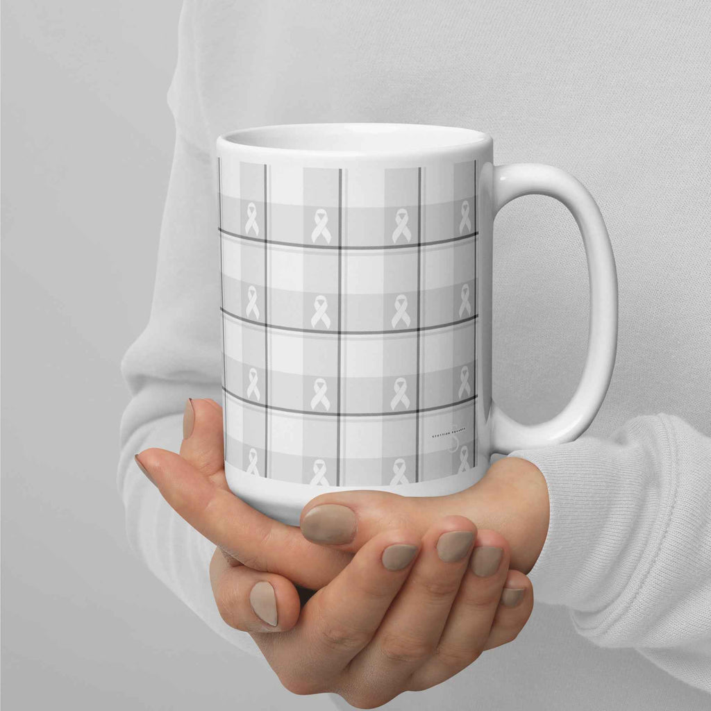 White Ceramic Mug Lung Cancer Awareness Plaid, White Ribbon, Supportive Gift - Scottish Squares