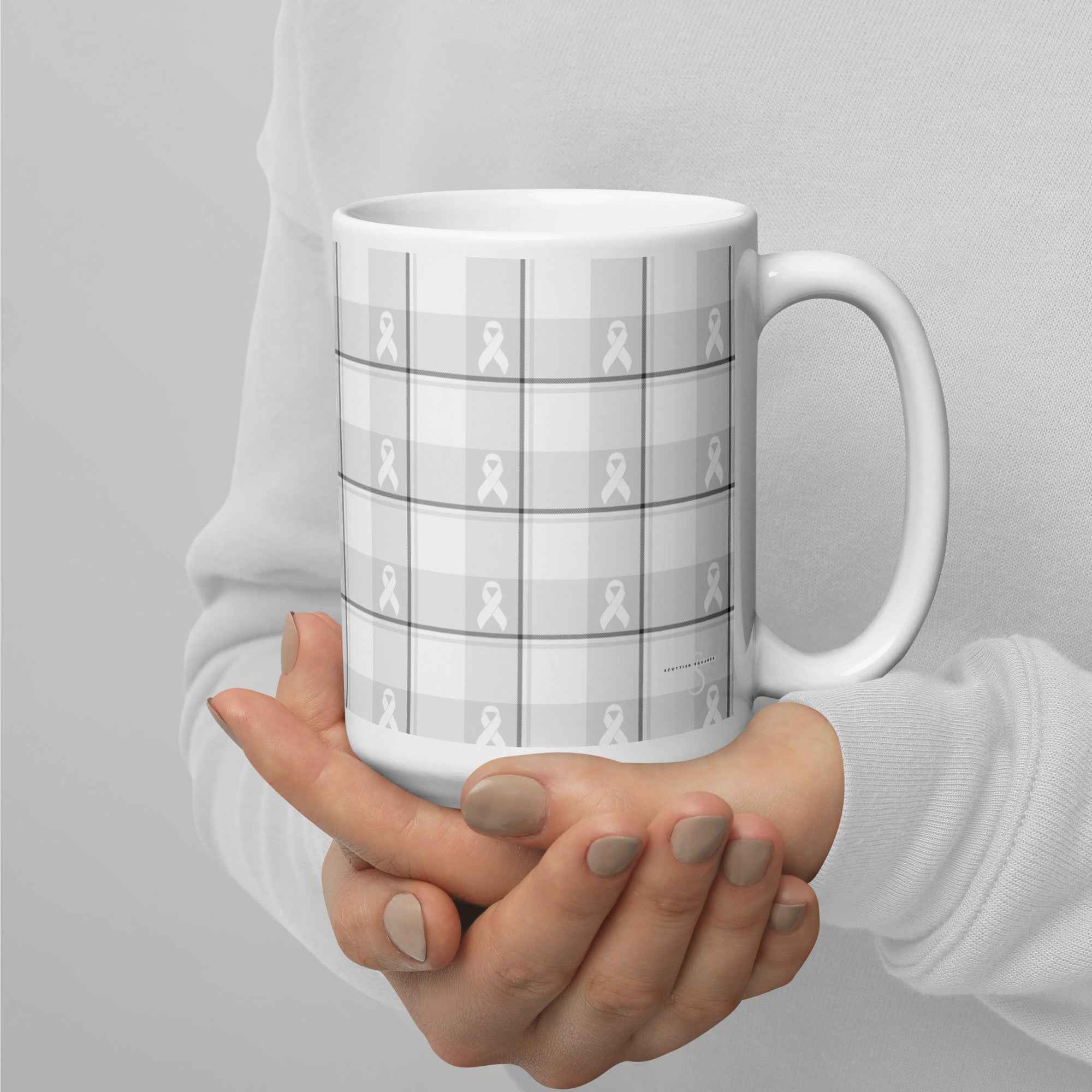 White Ceramic Mug Lung Cancer Awareness Plaid, White Ribbon, Supportive Gift - Scottish Squares