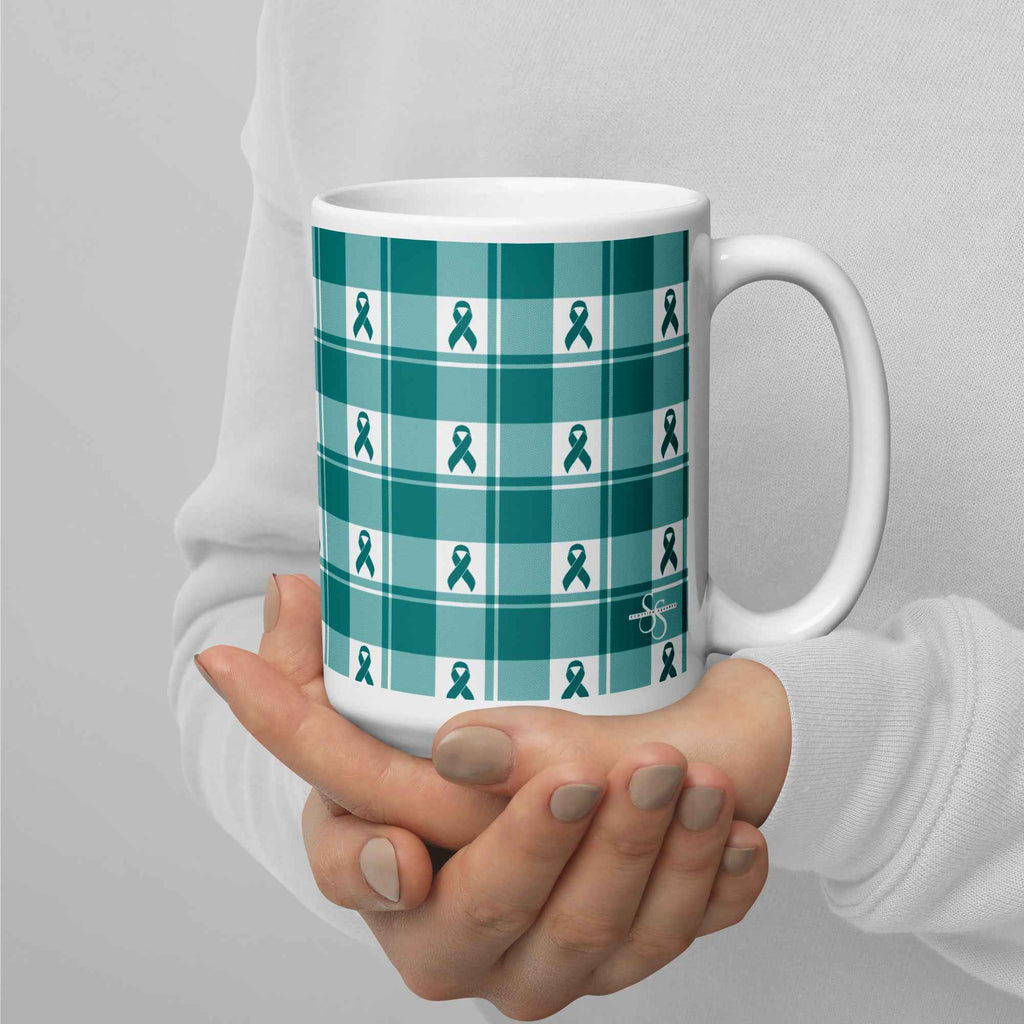 Ceramic Mug Cervical Cancer Awareness Plaid, Teal Ribbon, Supportive Gift - Scottish Squares