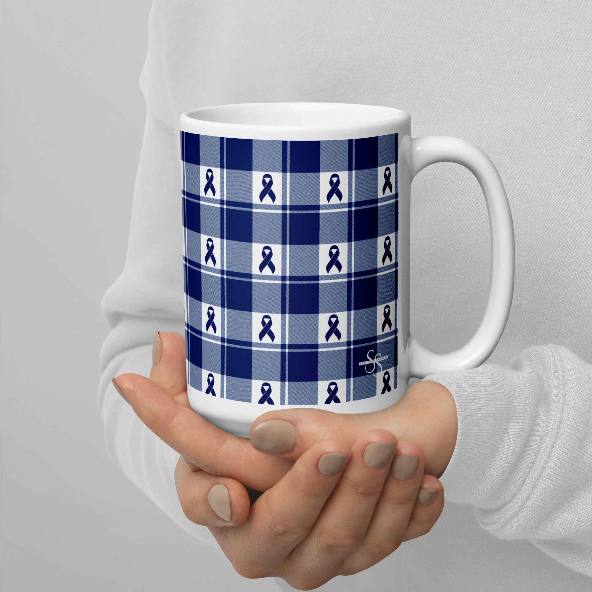 Ceramic Mug Colorectal Cancer Awareness Plaid, Dark Blue Ribbon, Supportive Gift - Scottish Squares