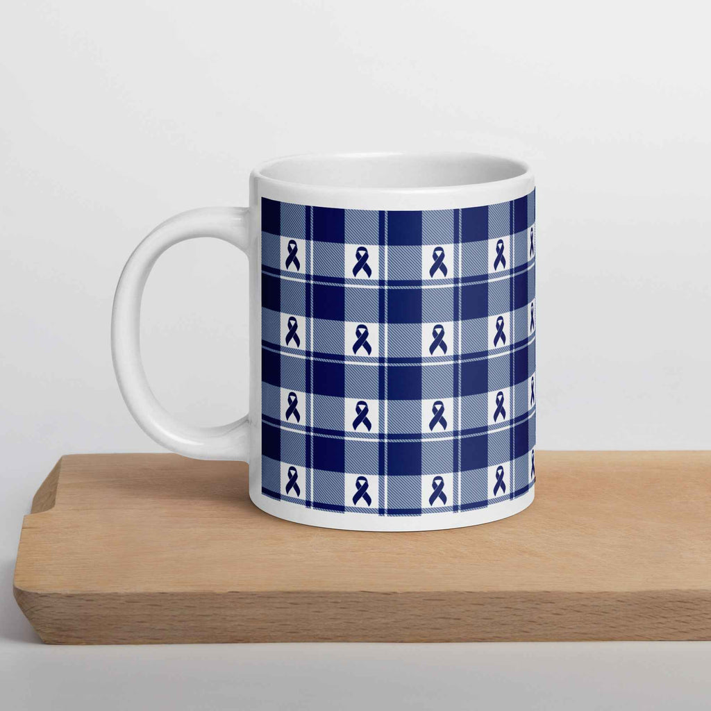 Ceramic Mug Colorectal Cancer Awareness Plaid, Dark Blue Ribbon, Supportive Gift - Scottish Squares
