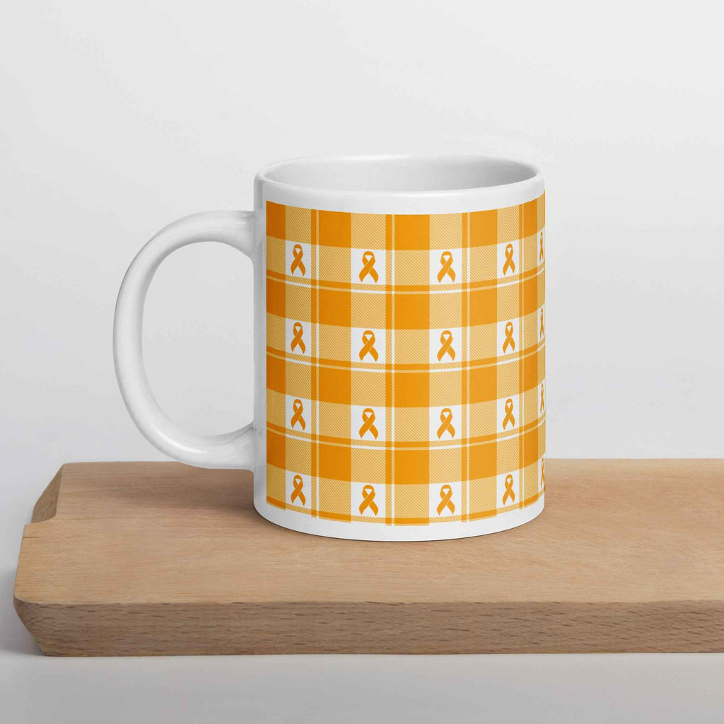 Ceramic Mug Kidney Cancer Awareness Plaid, Orange Ribbon, Supportive Gift - Scottish Squares