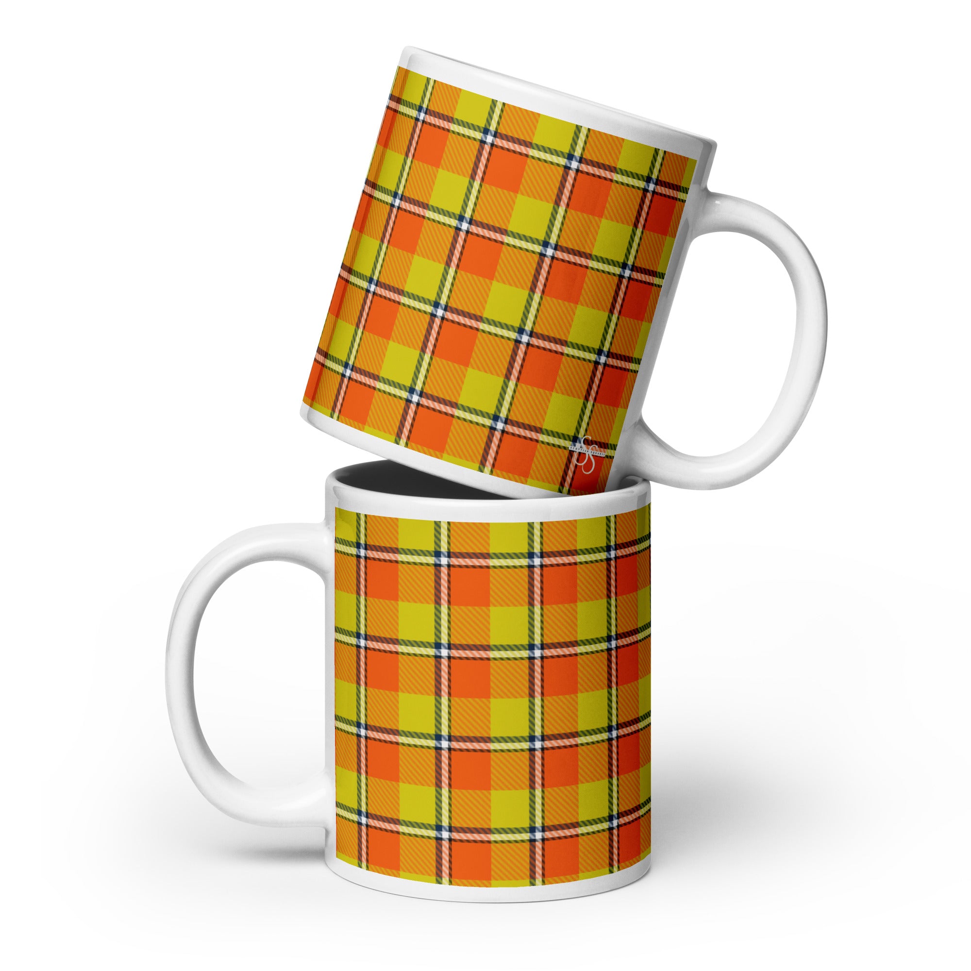 Blaze Orange and Bird Flower Plaid Ceramic Mug - Scottish Squares