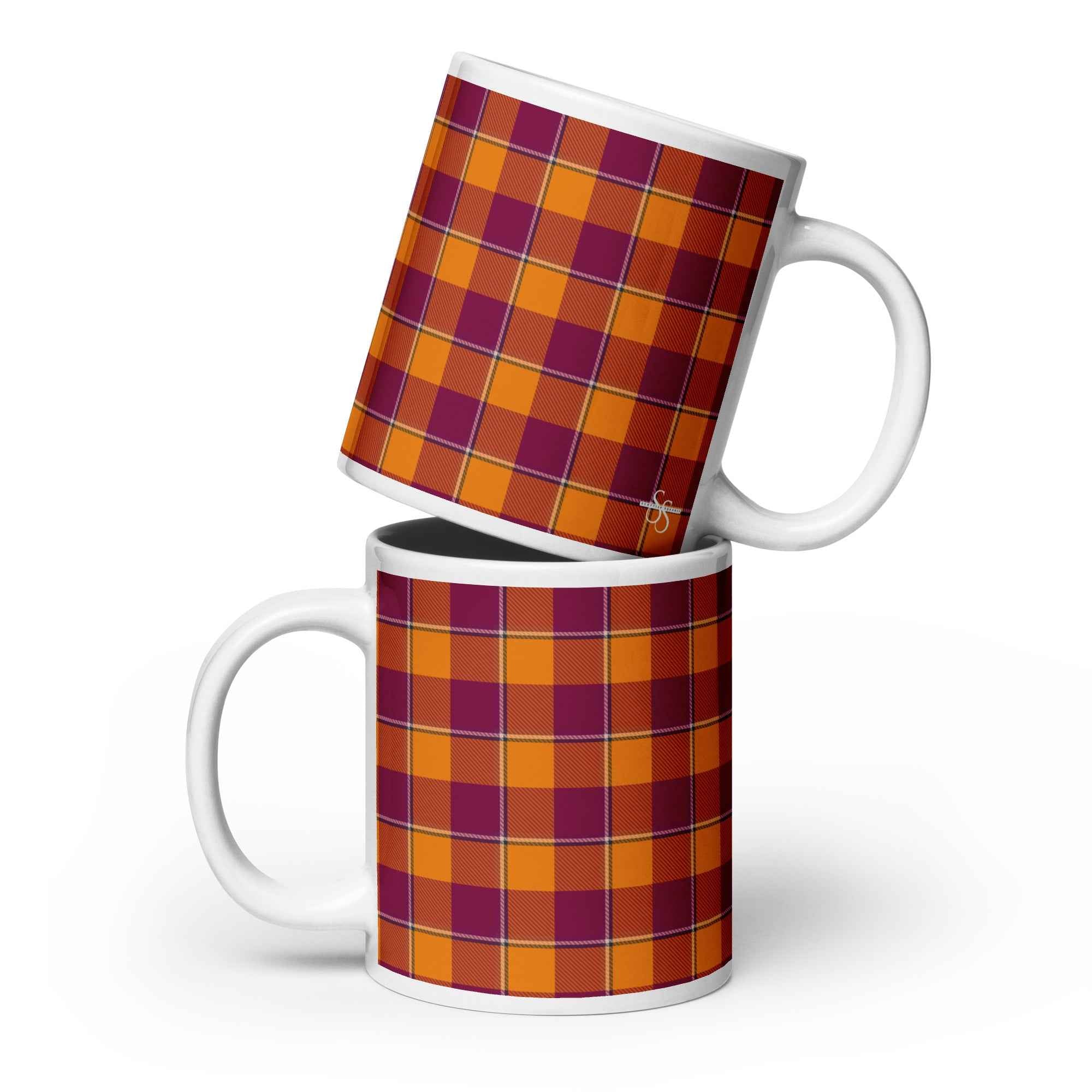 Tahiti Gold and Rose Bud Cherry Plaid Ceramic Mug - Scottish Squares