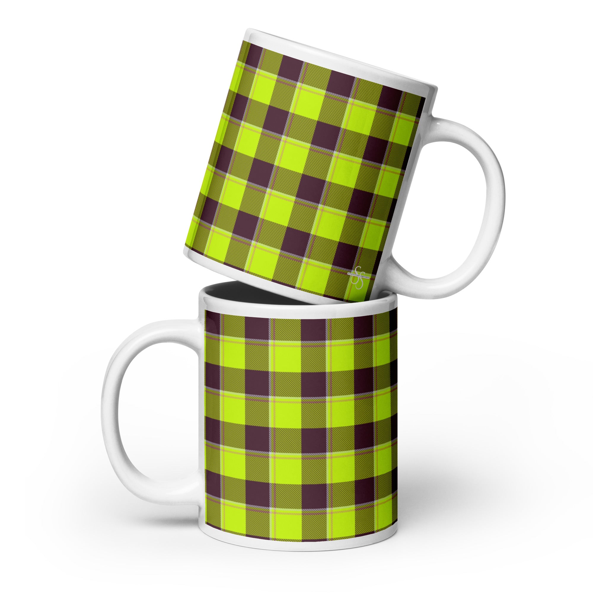 Electric Lime and Livid Brown Plaid Ceramic Mug - Scottish Squares
