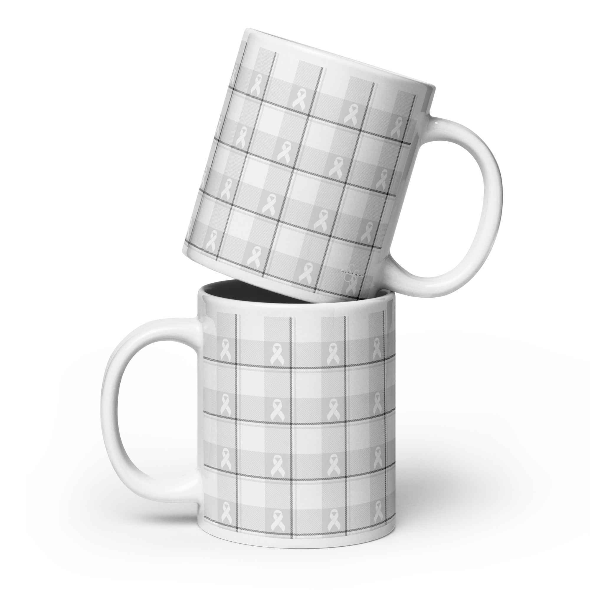 White Ceramic Mug Lung Cancer Awareness Plaid, White Ribbon, Supportive Gift 20 oz - Scottish Squares