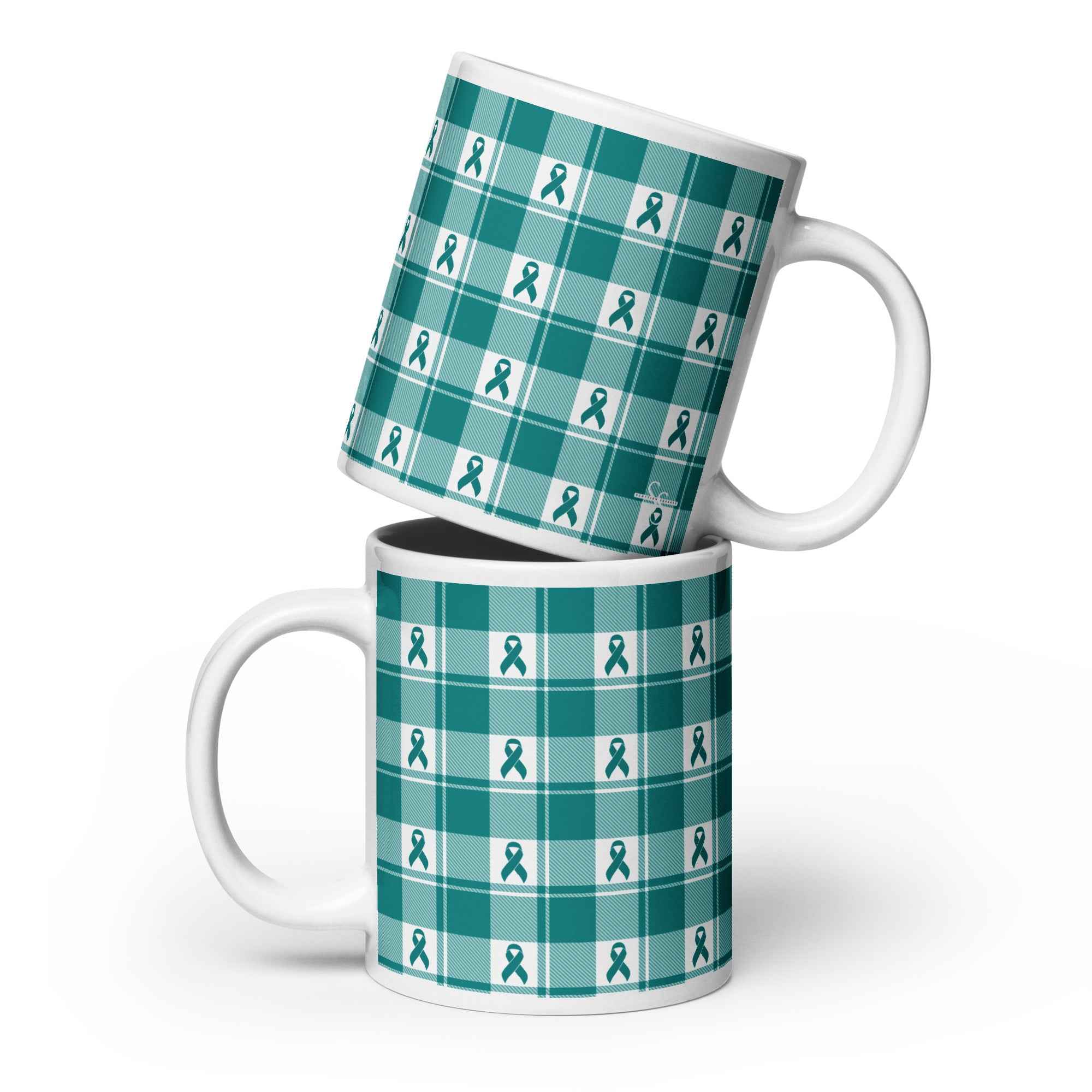 Ceramic Mug Cervical Cancer Awareness Plaid, Teal Ribbon, Supportive Gift 20 oz - Scottish Squares