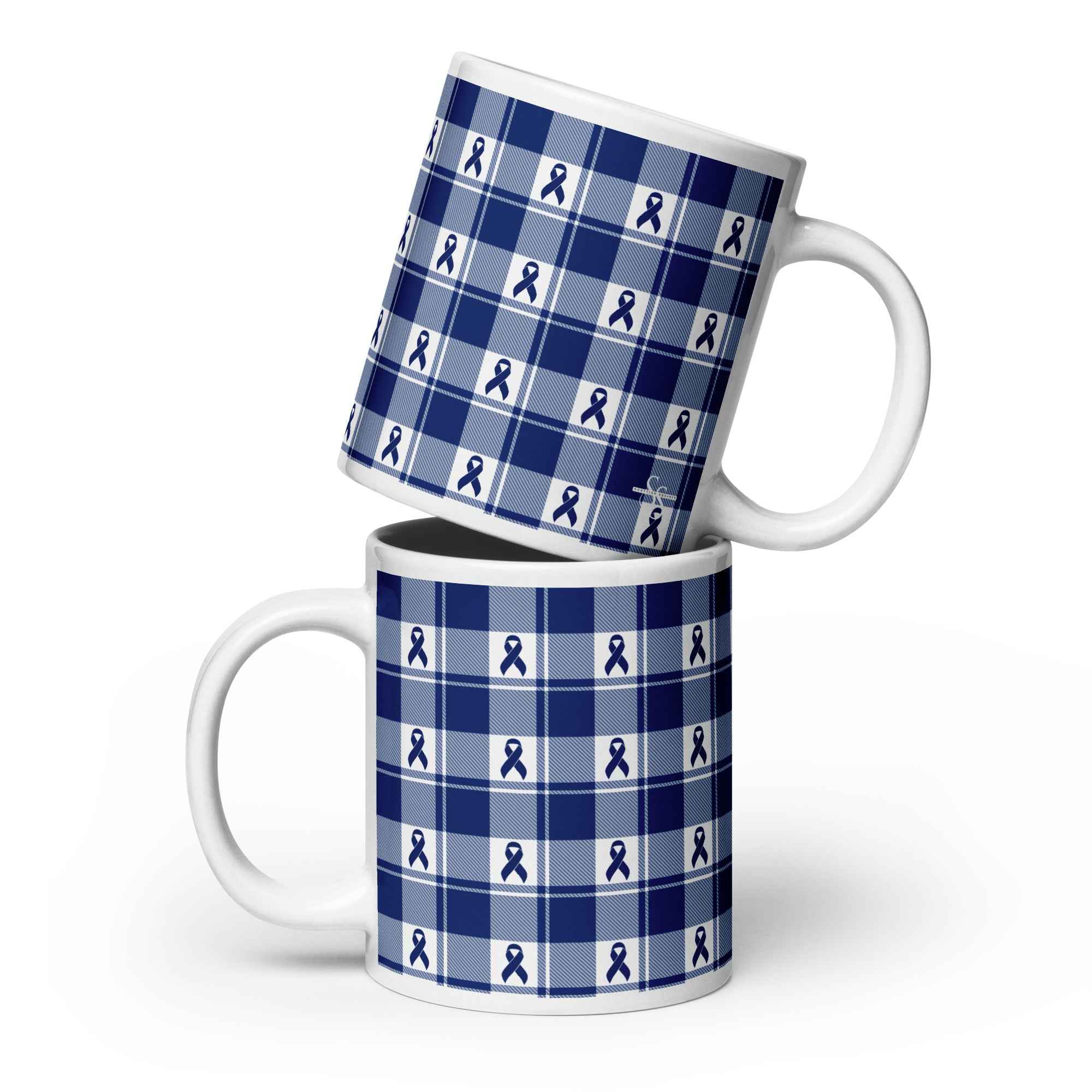 Ceramic Mug Colorectal Cancer Awareness Plaid, Dark Blue Ribbon, Supportive Gift 20 oz - Scottish Squares