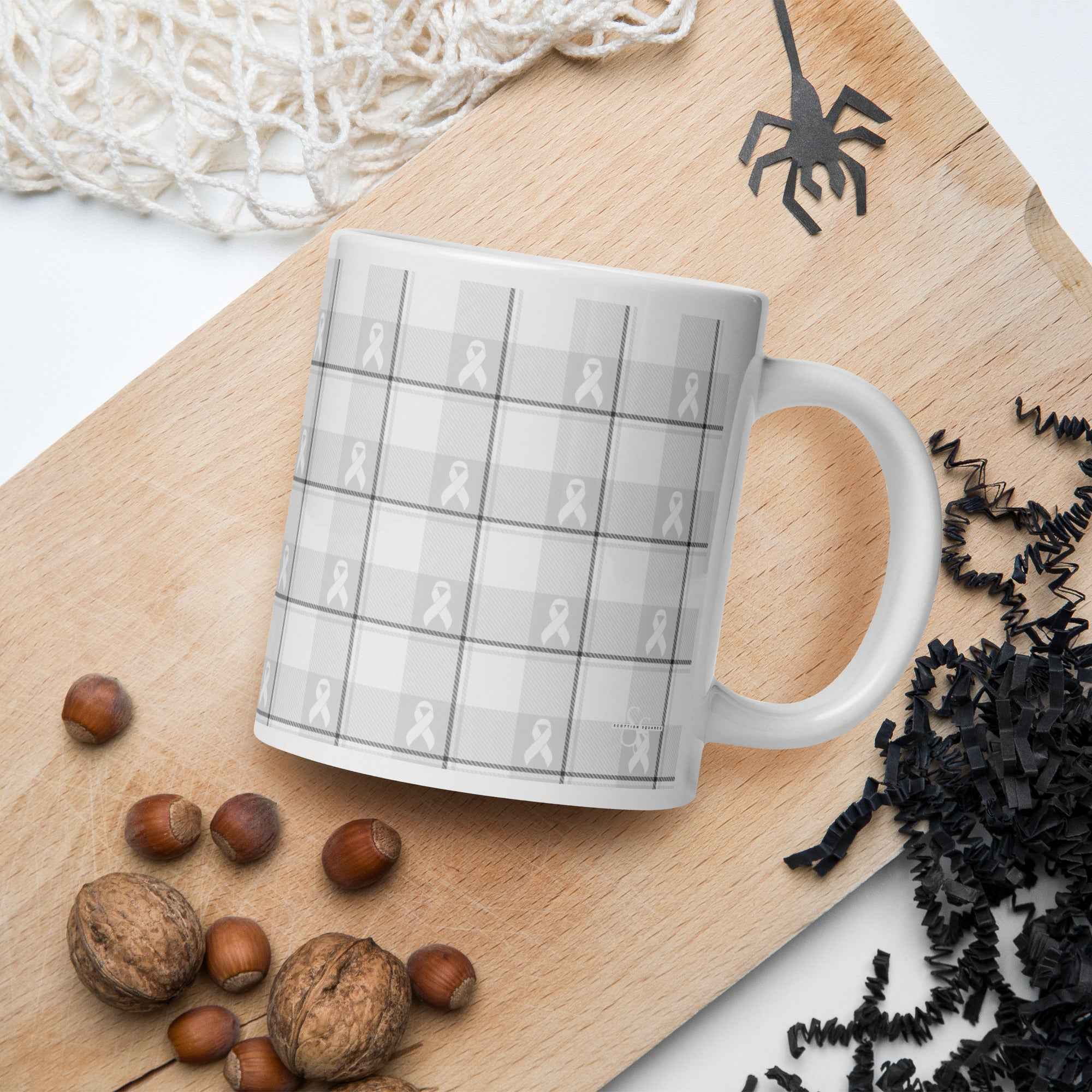 White Ceramic Mug Lung Cancer Awareness Plaid, White Ribbon, Supportive Gift - Scottish Squares