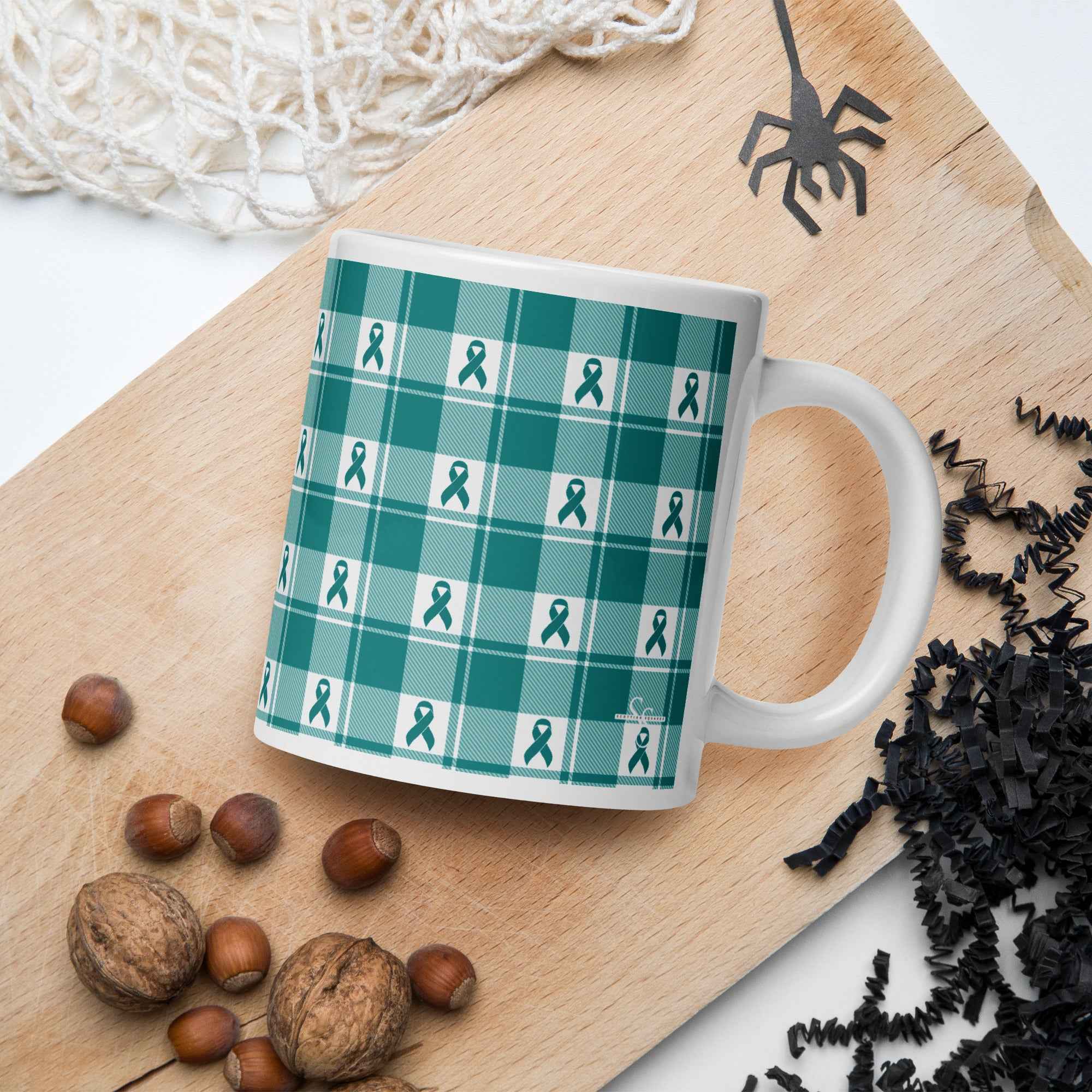 Ceramic Mug Cervical Cancer Awareness Plaid, Teal Ribbon, Supportive Gift - Scottish Squares
