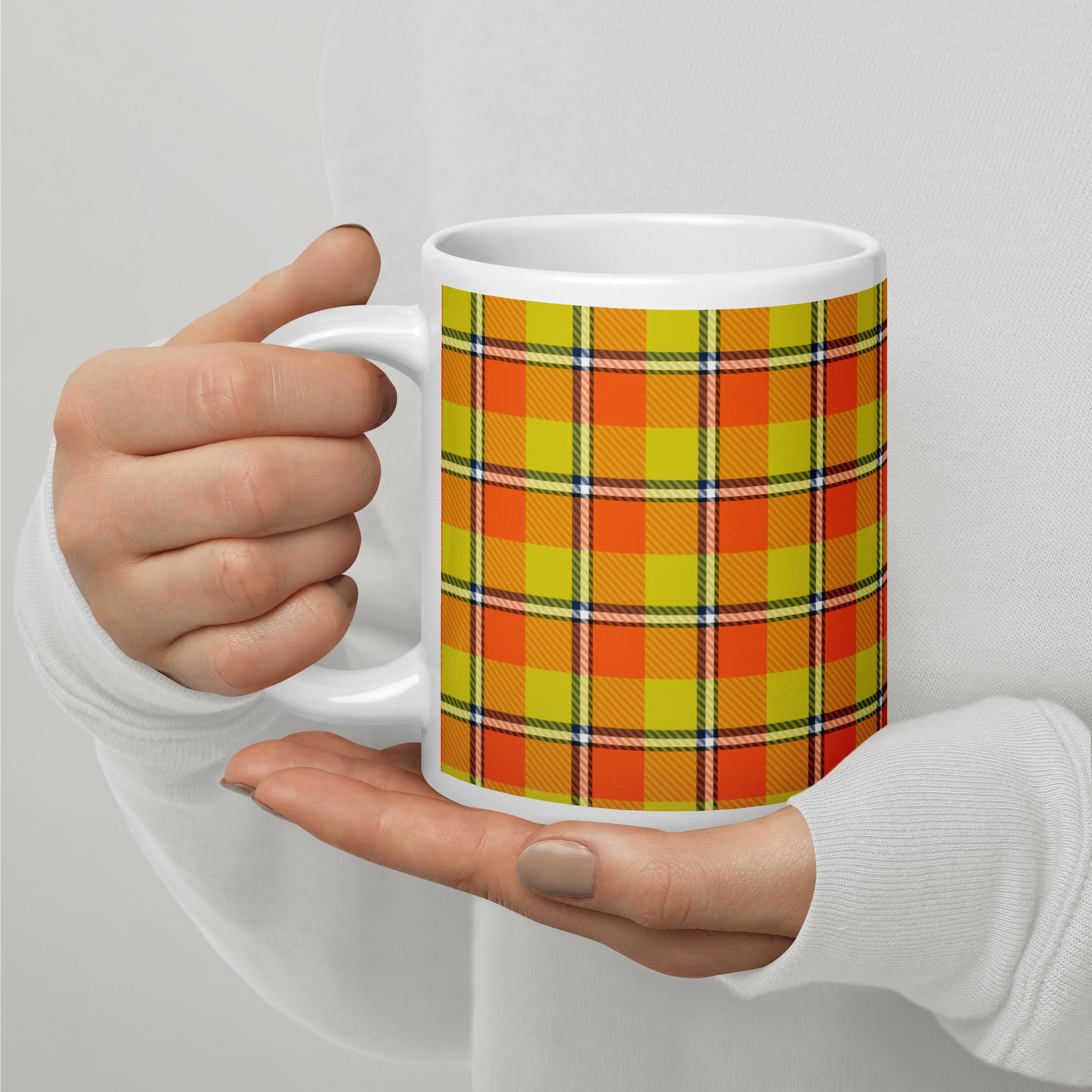 Blaze Orange and Bird Flower Plaid Ceramic Mug - Scottish Squares