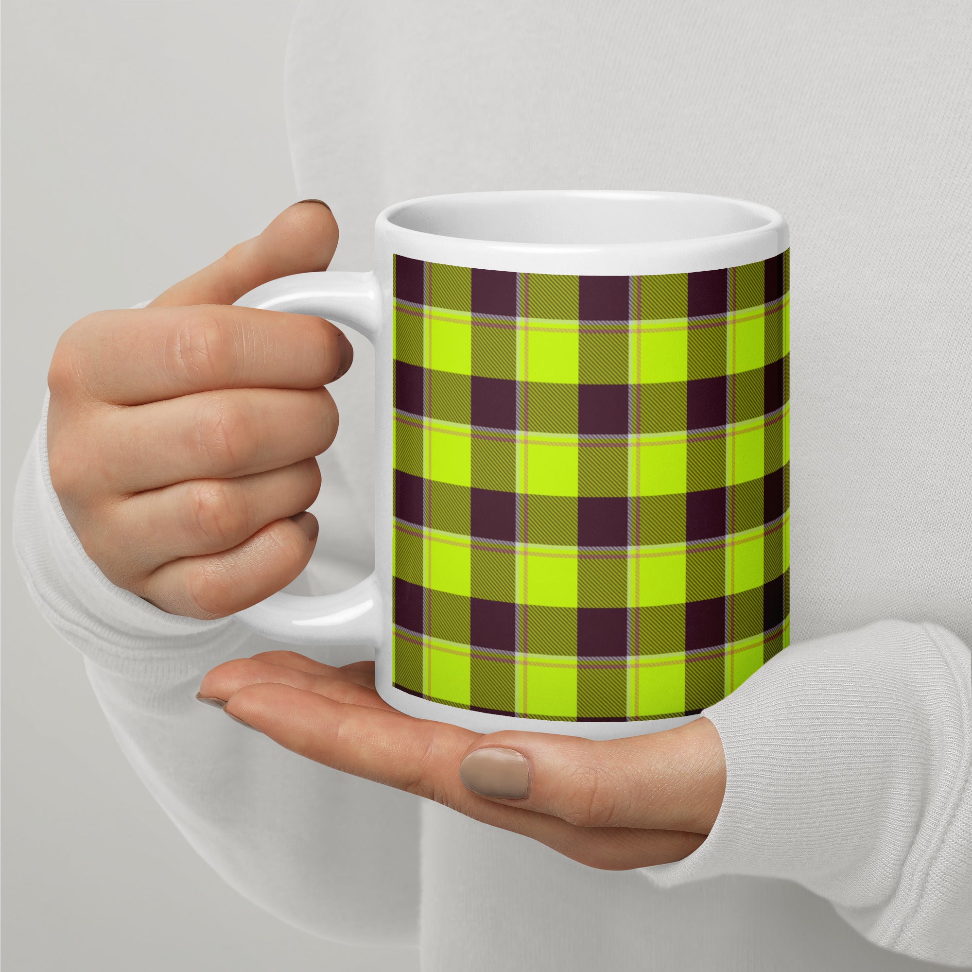 Electric Lime and Livid Brown Plaid Ceramic Mug - Scottish Squares