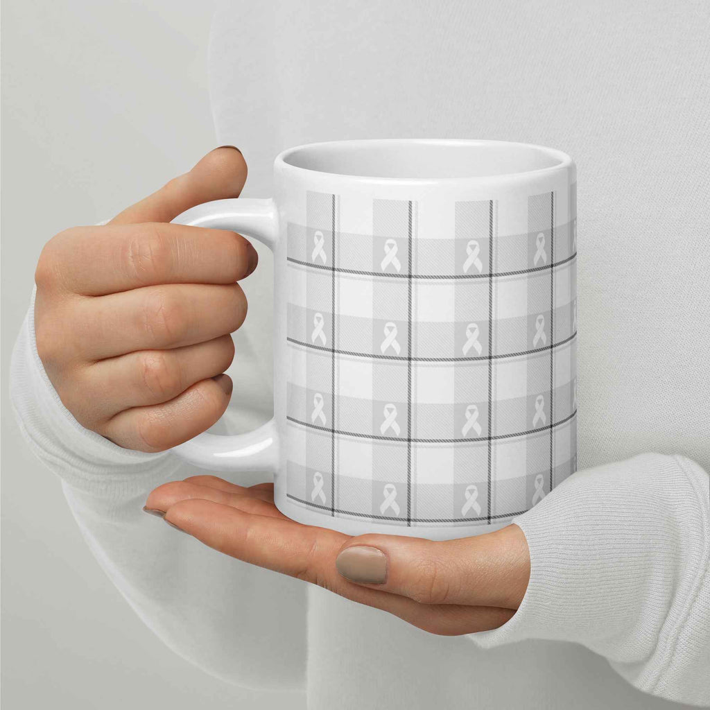 White Ceramic Mug Lung Cancer Awareness Plaid, White Ribbon, Supportive Gift - Scottish Squares