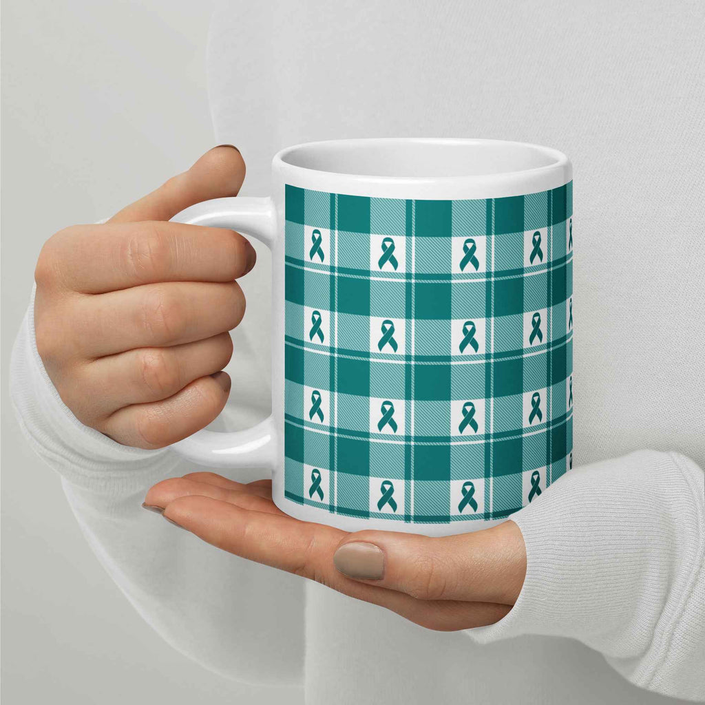 Ceramic Mug Cervical Cancer Awareness Plaid, Teal Ribbon, Supportive Gift - Scottish Squares