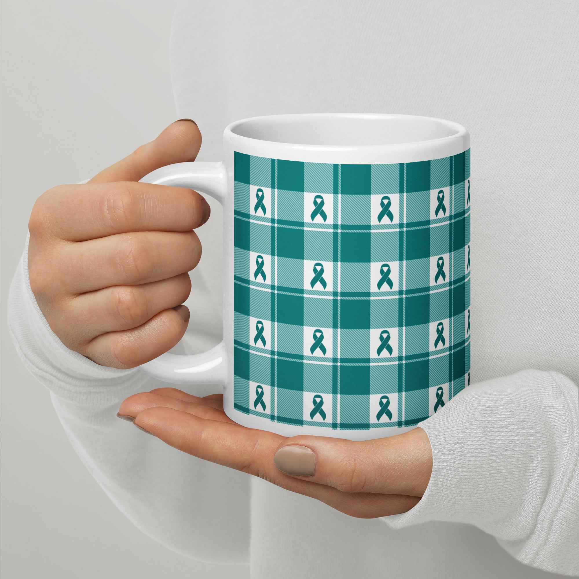 Ceramic Mug Cervical Cancer Awareness Plaid, Teal Ribbon, Supportive Gift - Scottish Squares