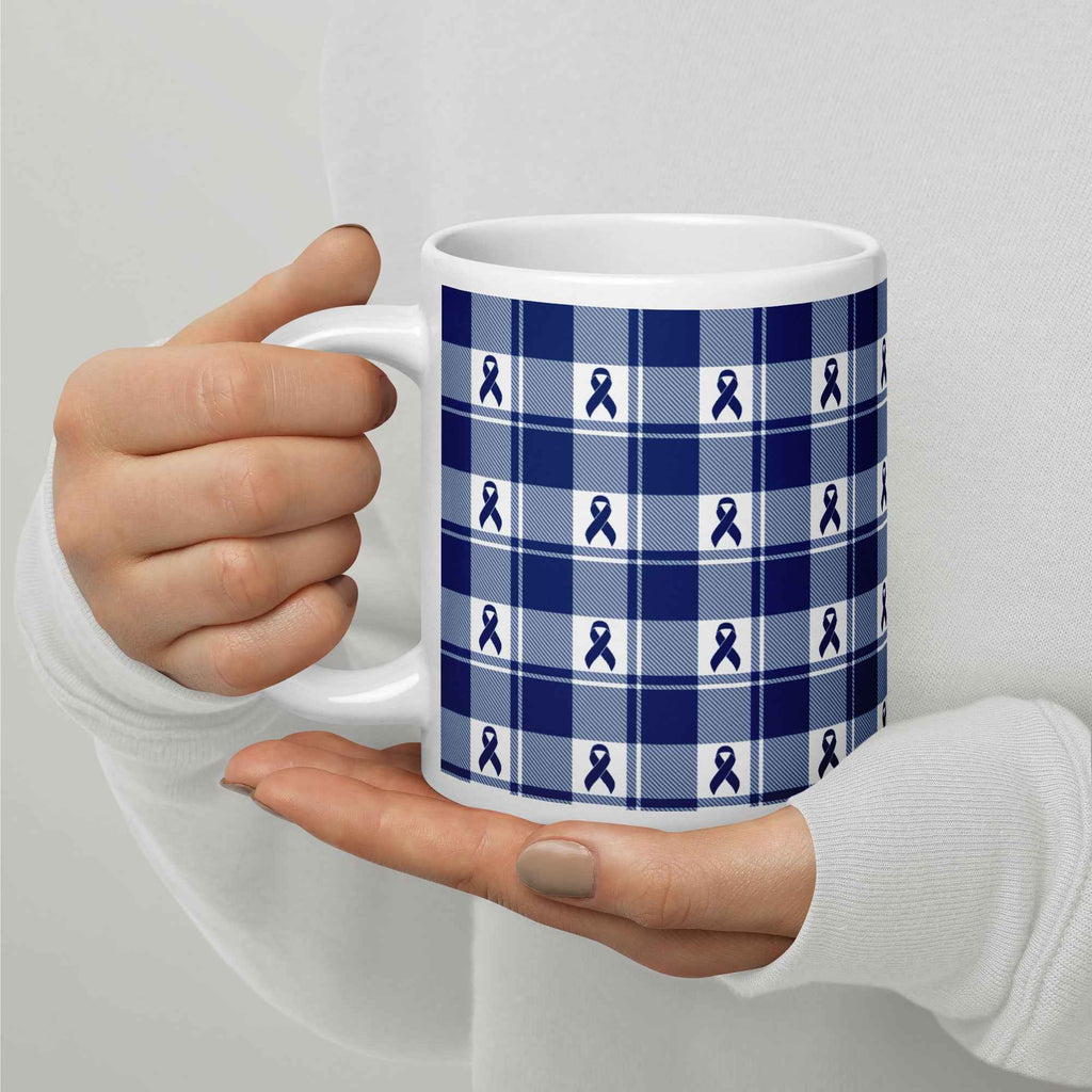 Ceramic Mug Colorectal Cancer Awareness Plaid, Dark Blue Ribbon, Supportive Gift - Scottish Squares