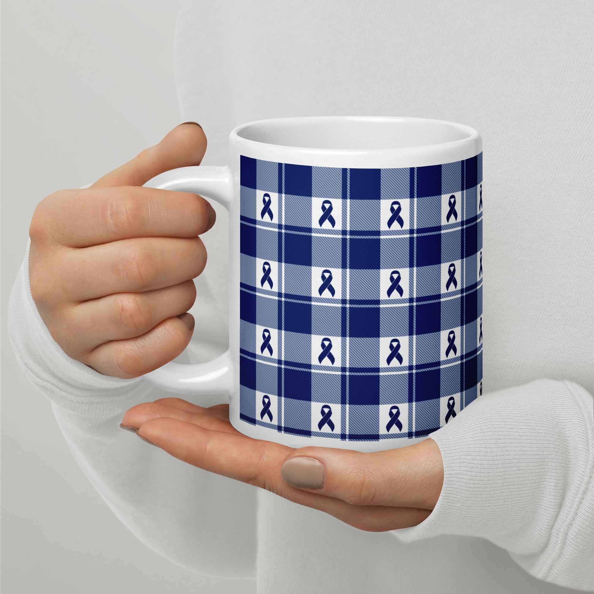 Ceramic Mug Colorectal Cancer Awareness Plaid, Dark Blue Ribbon, Supportive Gift - Scottish Squares