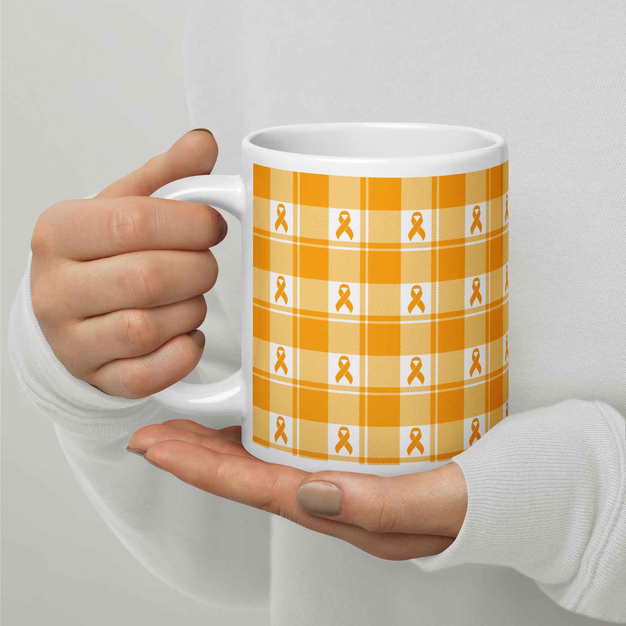 Ceramic Mug Kidney Cancer Awareness Plaid, Orange Ribbon, Supportive Gift - Scottish Squares