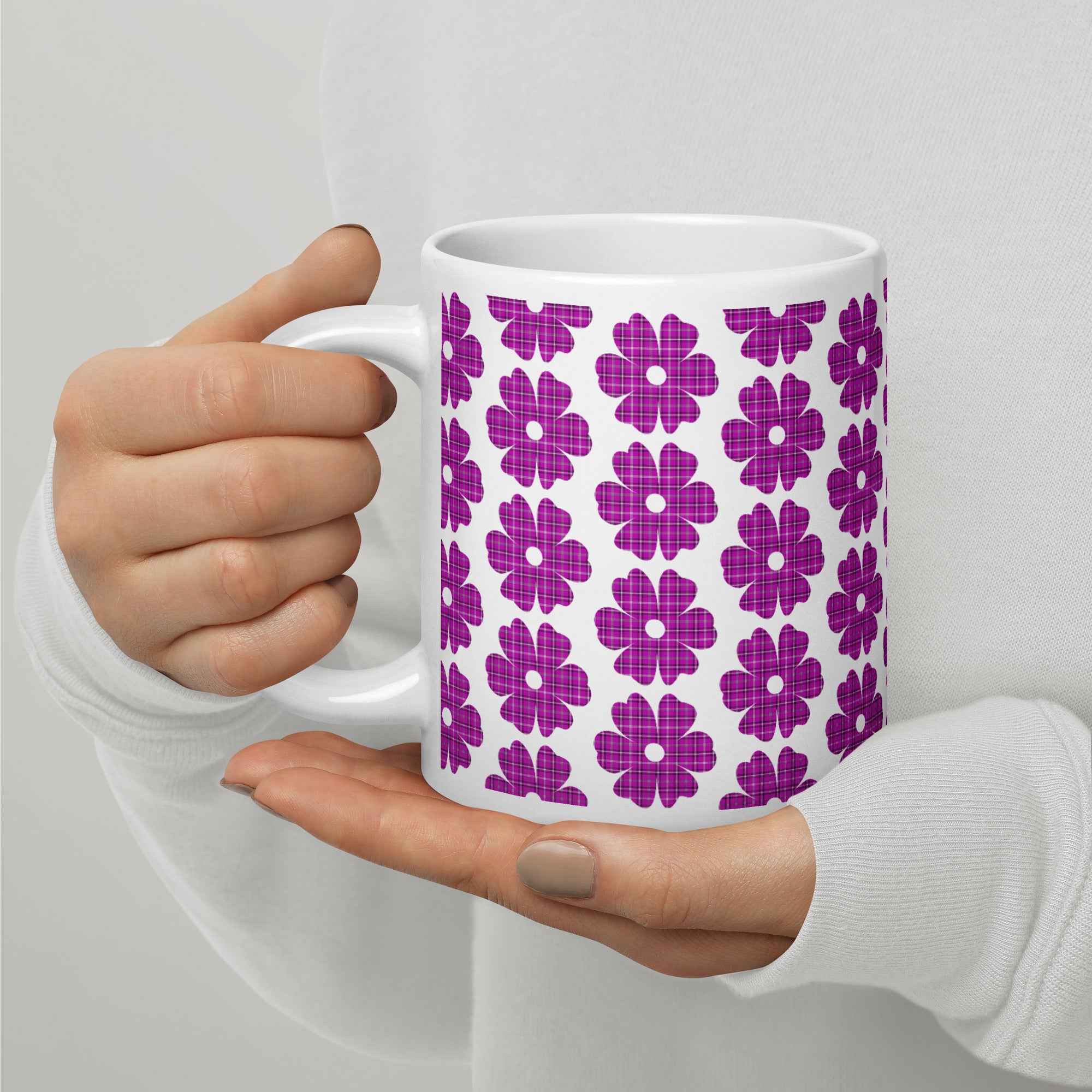Ceramic Mug Flower Shape Plaid Pink Purple