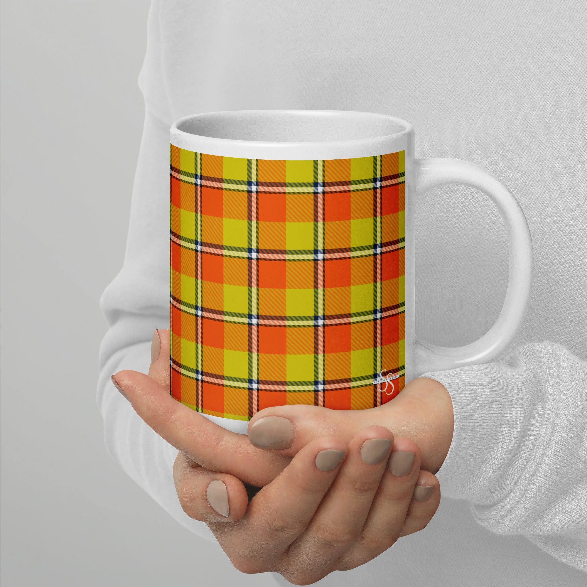 Blaze Orange and Bird Flower Plaid Ceramic Mug - Scottish Squares