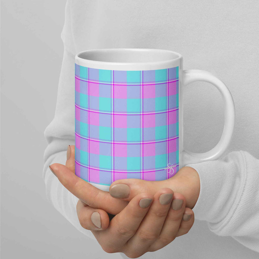 Mauve and Coastal Mist Plaid Ceramic Mug - Scottish Squares