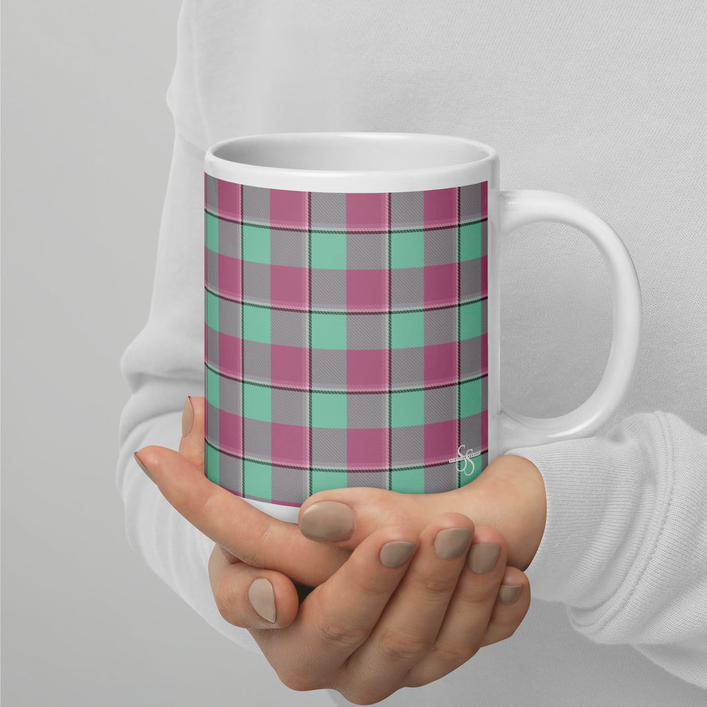 Vista Blue and Turkish Rose Plaid Ceramic Mug - Scottish Squares