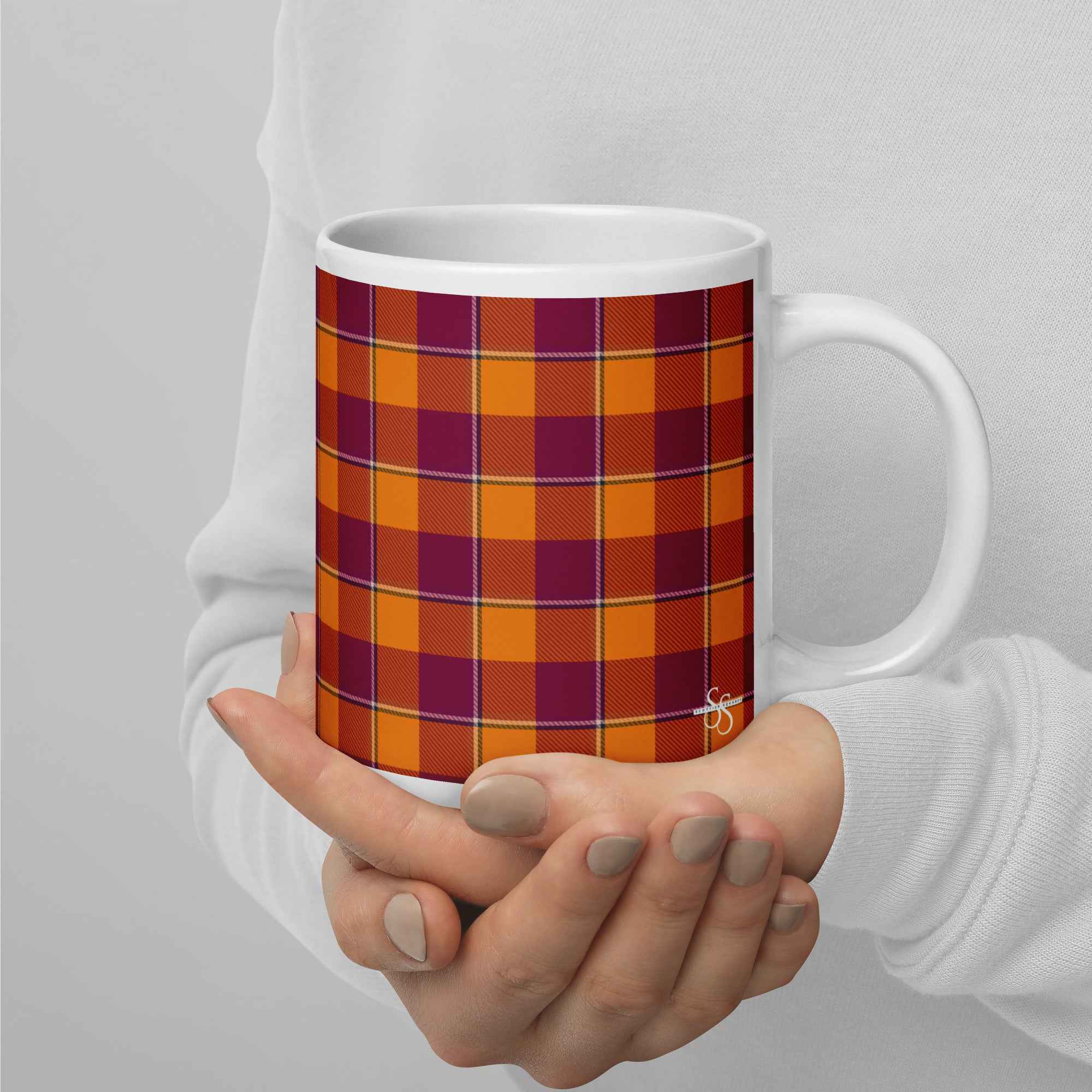 Tahiti Gold and Rose Bud Cherry Plaid Ceramic Mug - Scottish Squares