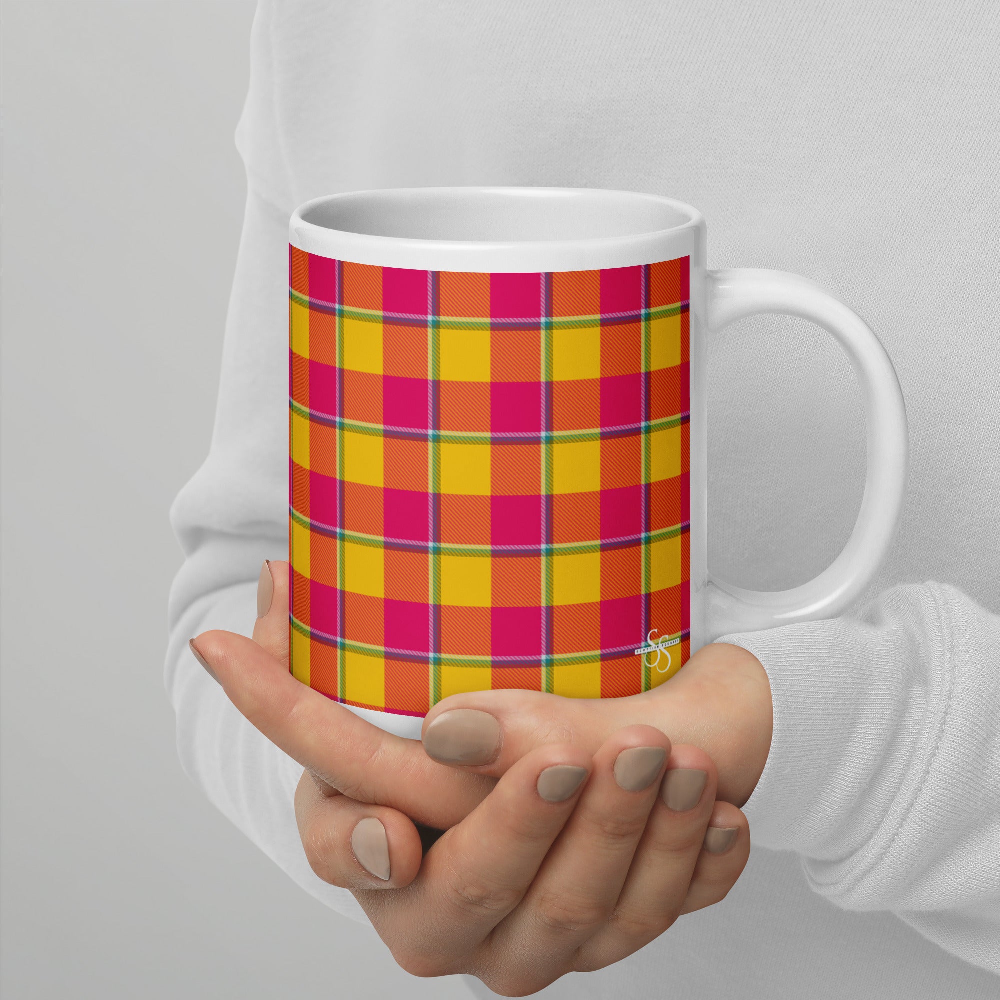 Corn and Razzmatazz Plaid Ceramic Mug - Scottish Squares
