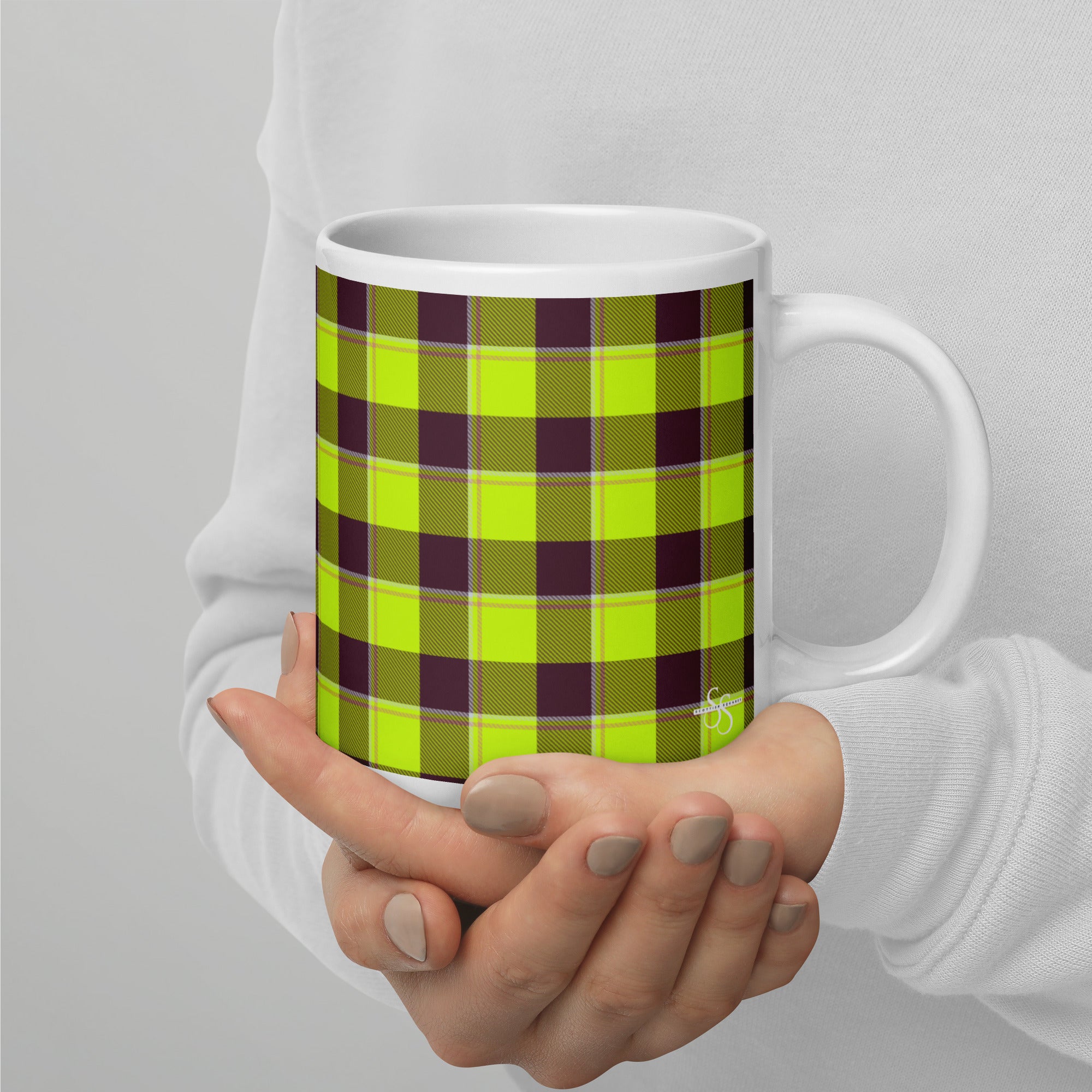 Electric Lime and Livid Brown Plaid Ceramic Mug - Scottish Squares