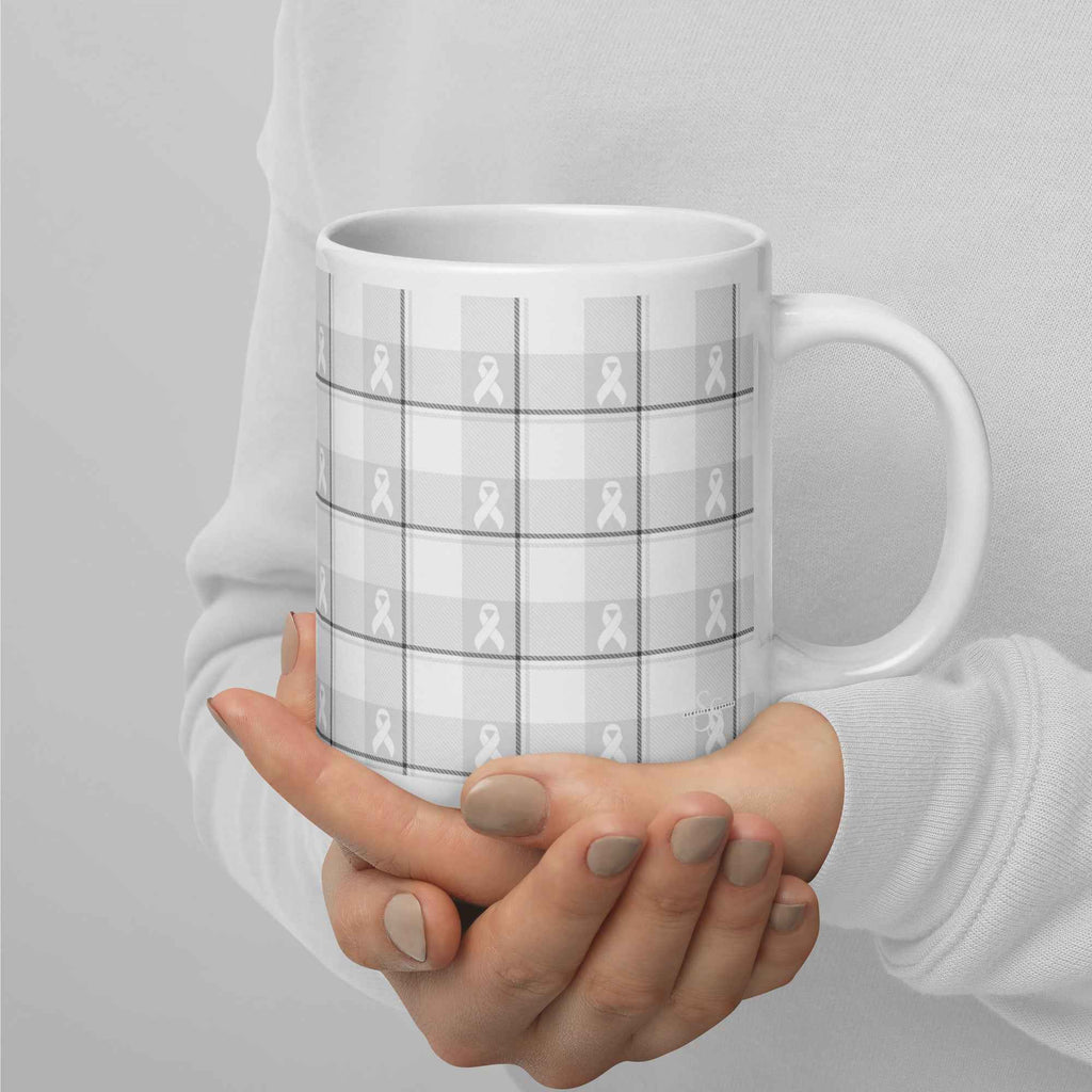 White Ceramic Mug Lung Cancer Awareness Plaid, White Ribbon, Supportive Gift - Scottish Squares
