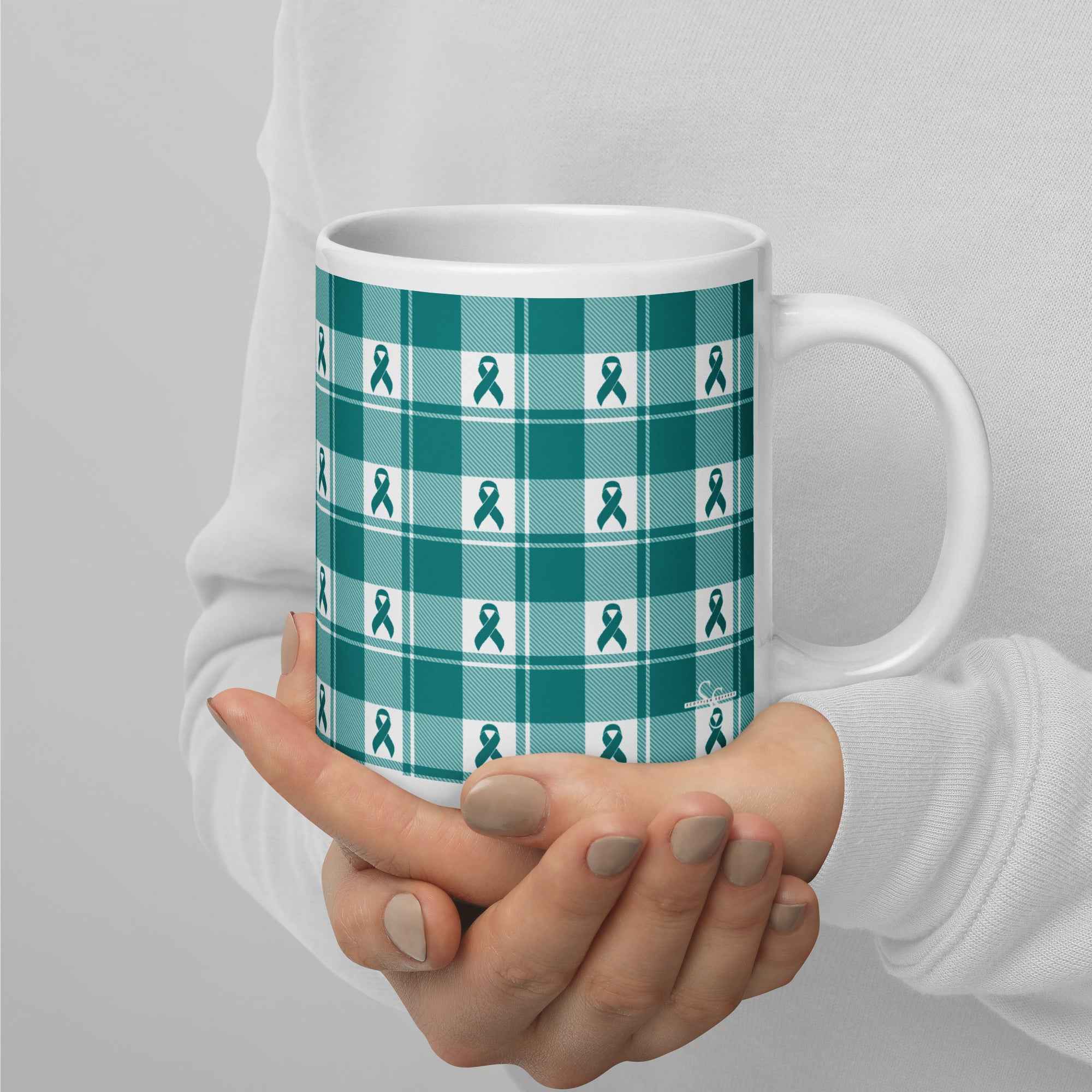 Ceramic Mug Cervical Cancer Awareness Plaid, Teal Ribbon, Supportive Gift - Scottish Squares