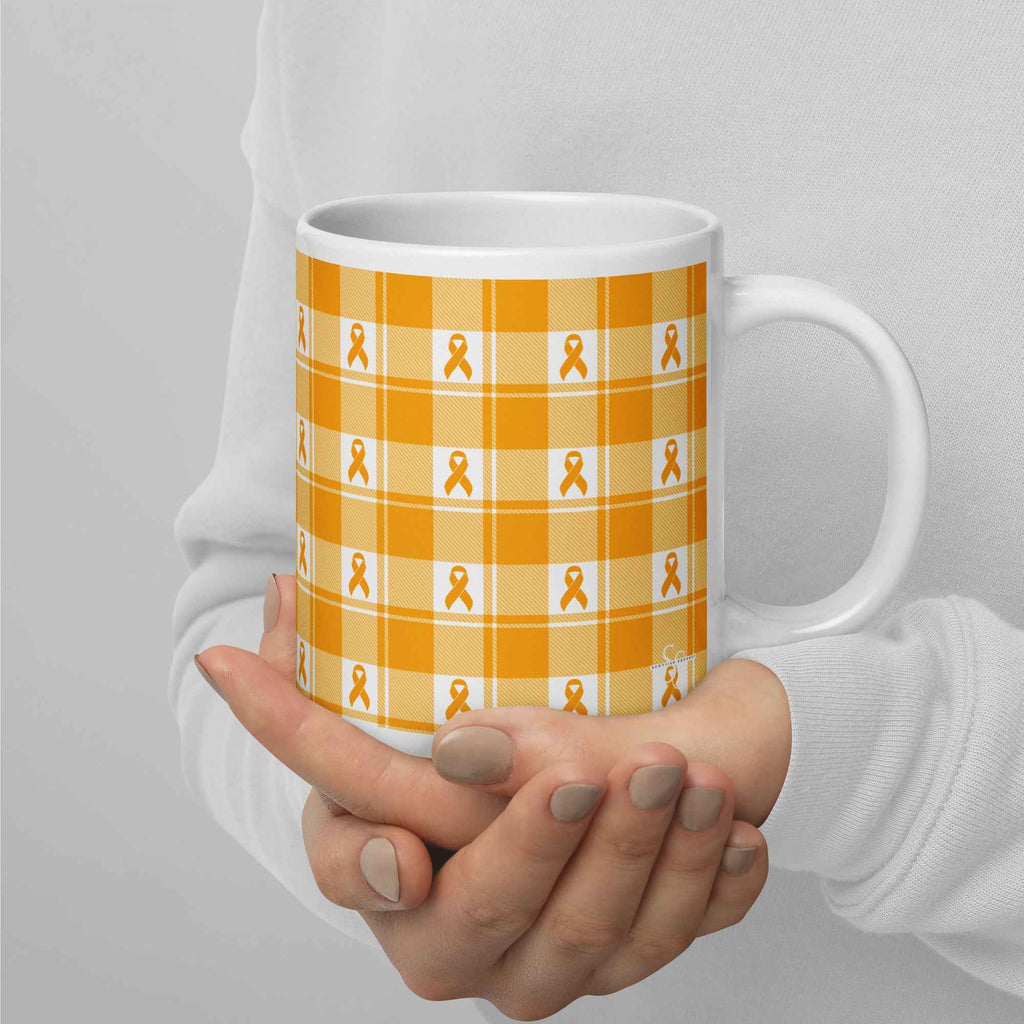 Ceramic Mug Kidney Cancer Awareness Plaid, Orange Ribbon, Supportive Gift - Scottish Squares