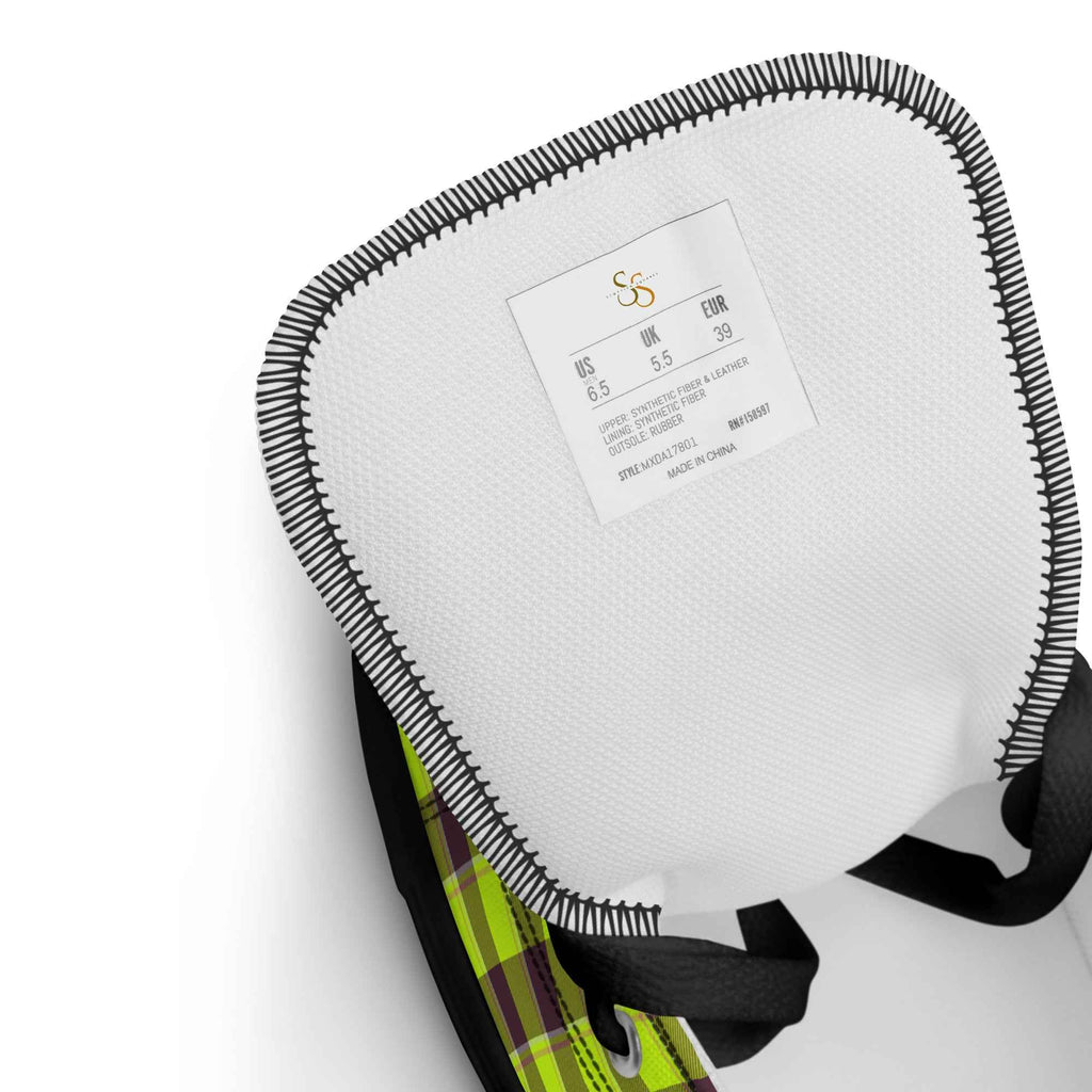 Women’s High Top Canvas Shoes Electric Lime and Livid Brown Plaid - Scottish Squares