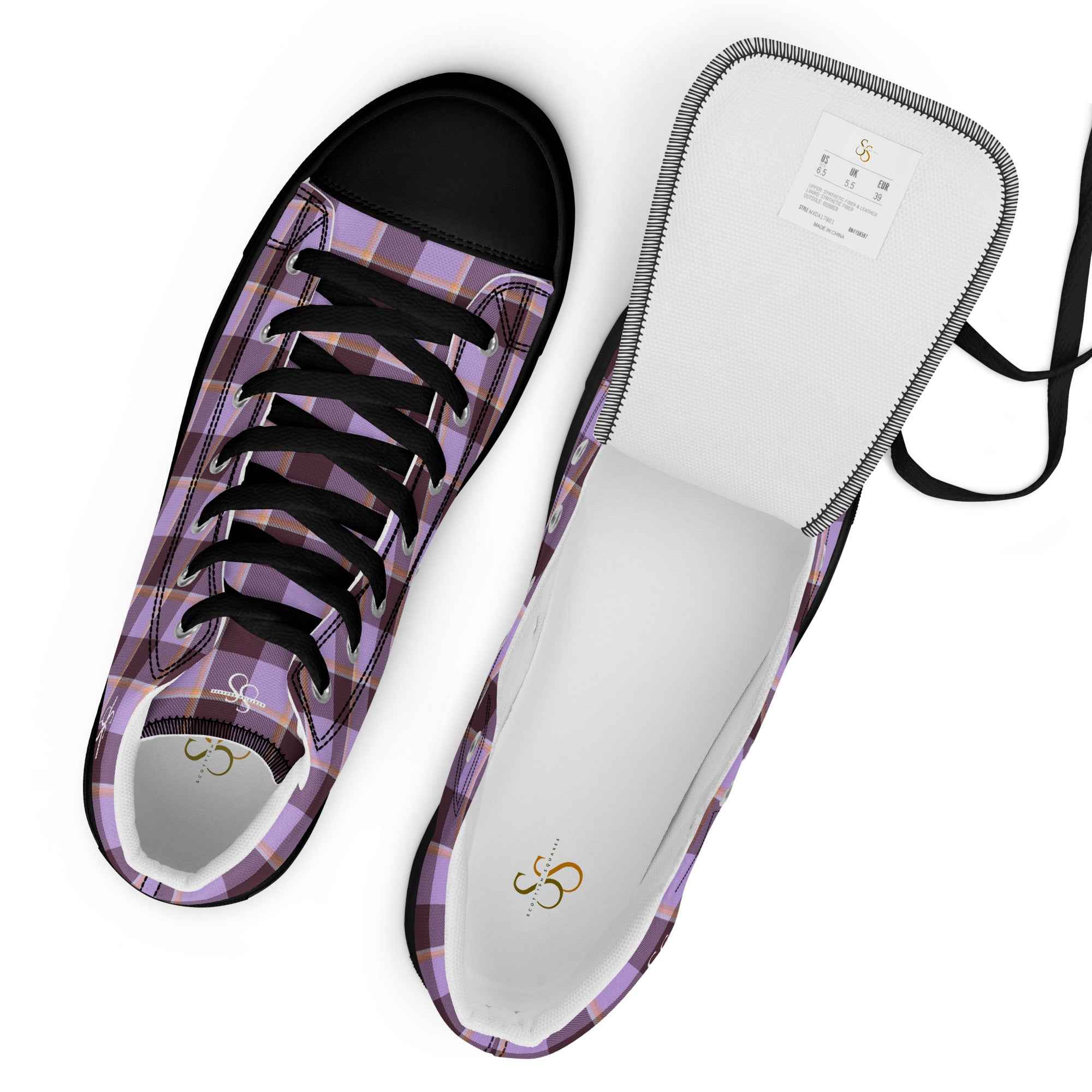 Women’s High Top Canvas Shoes Light Wisteria and Livid Brown Plaid - Scottish Squares