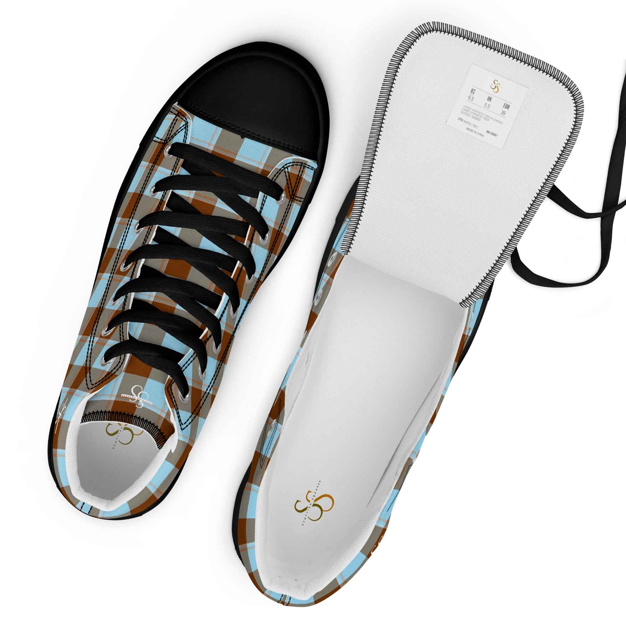 Women’s High Top Canvas Shoes Blizzard Blue and Livid Brown Plaid - Scottish Squares