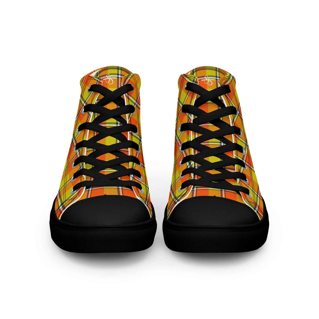 Women’s High Top Canvas Shoes Blaze Orange and Bird Flower Plaid - Scottish Squares