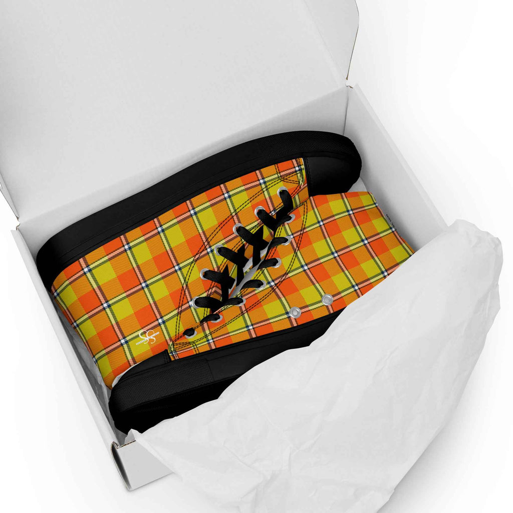 Women’s High Top Canvas Shoes Blaze Orange and Bird Flower Plaid - Scottish Squares