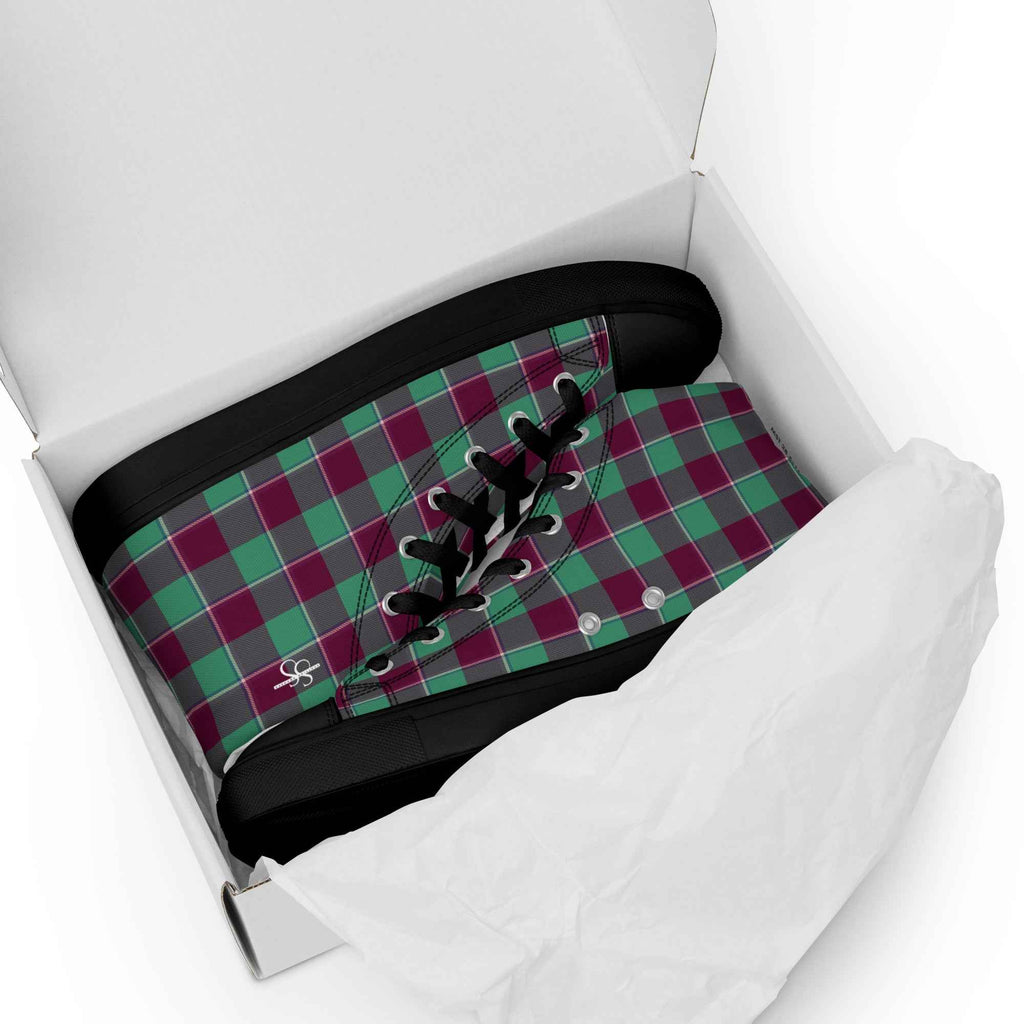 Women’s High Top Canvas Shoes Ocean Green and Mulberry Wood Plaid - Scottish Squares