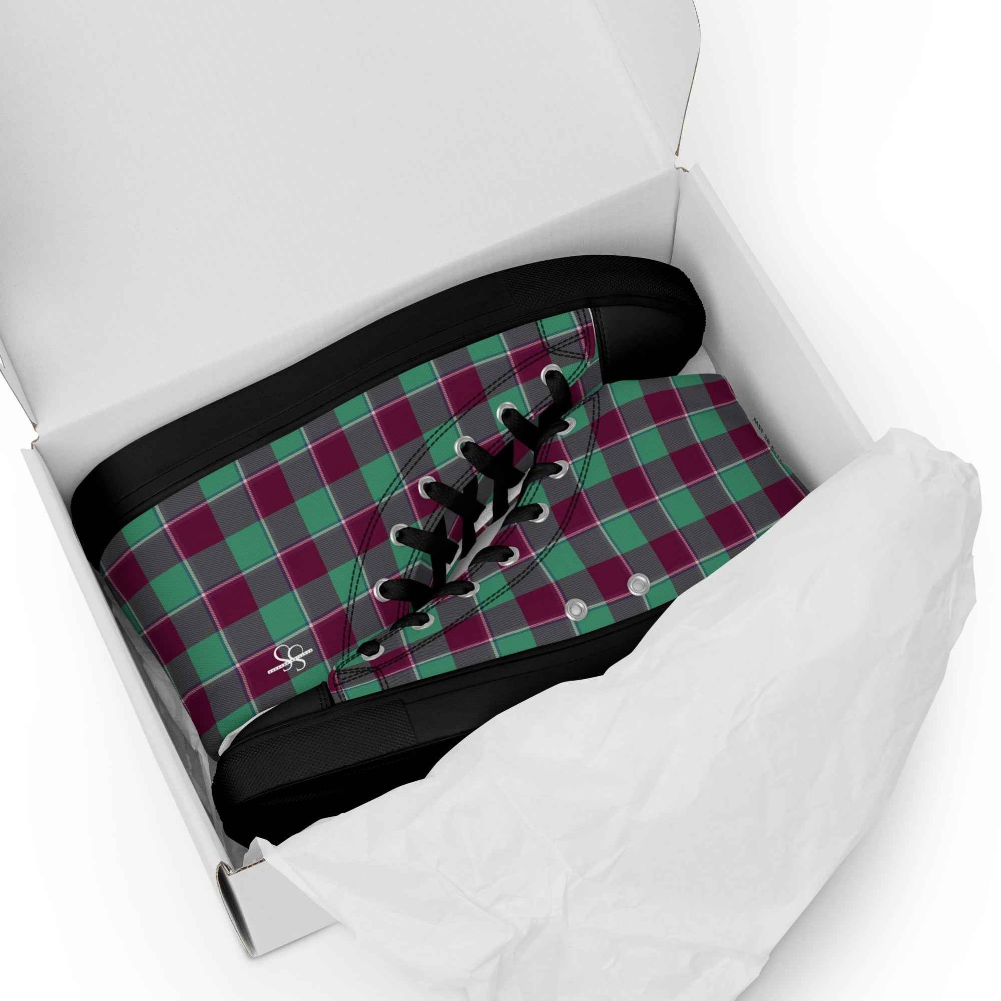 Women’s High Top Canvas Shoes Ocean Green and Mulberry Wood Plaid - Scottish Squares