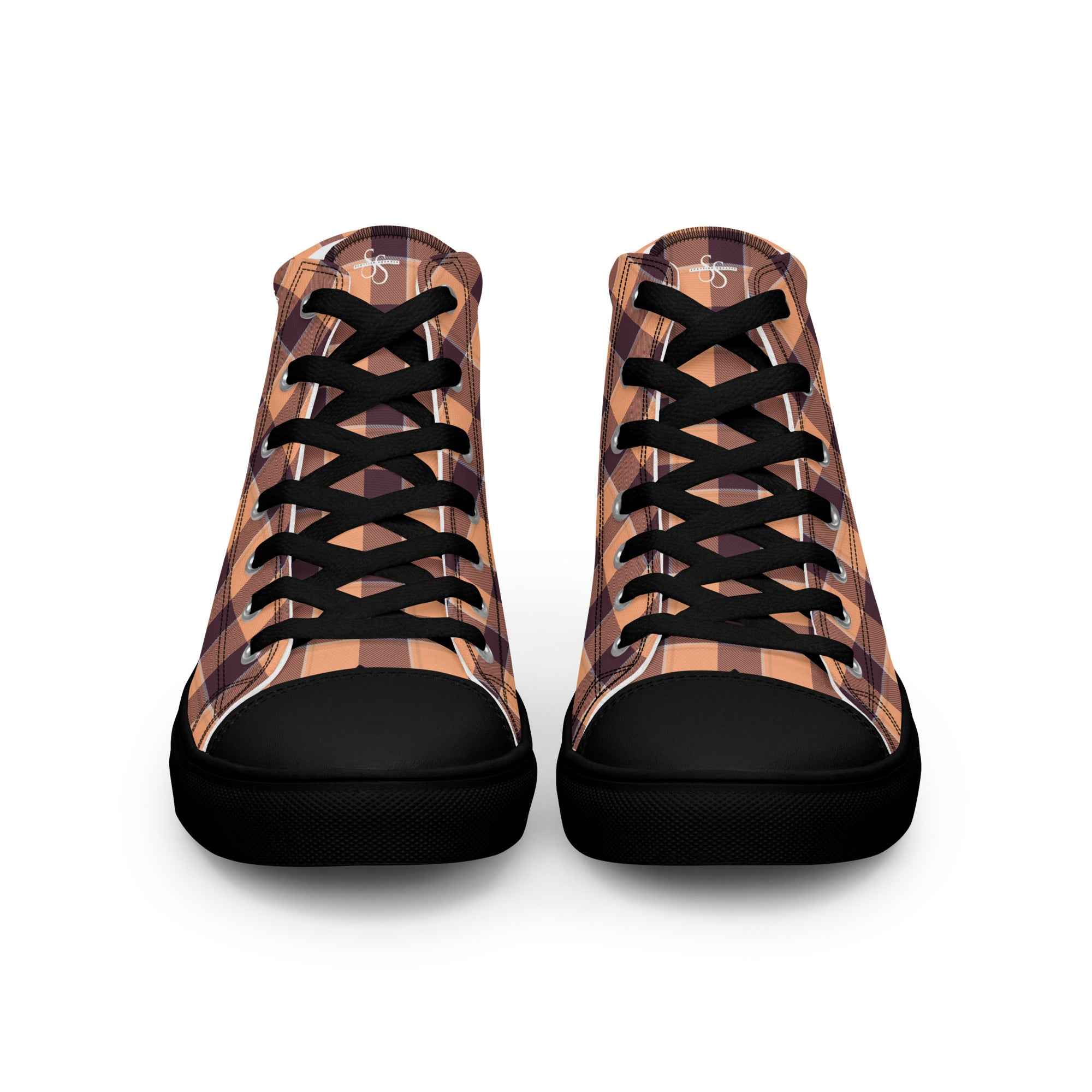 Women’s High Top Canvas Shoes Hit Pink and Livid Brown Plaid - Scottish Squares
