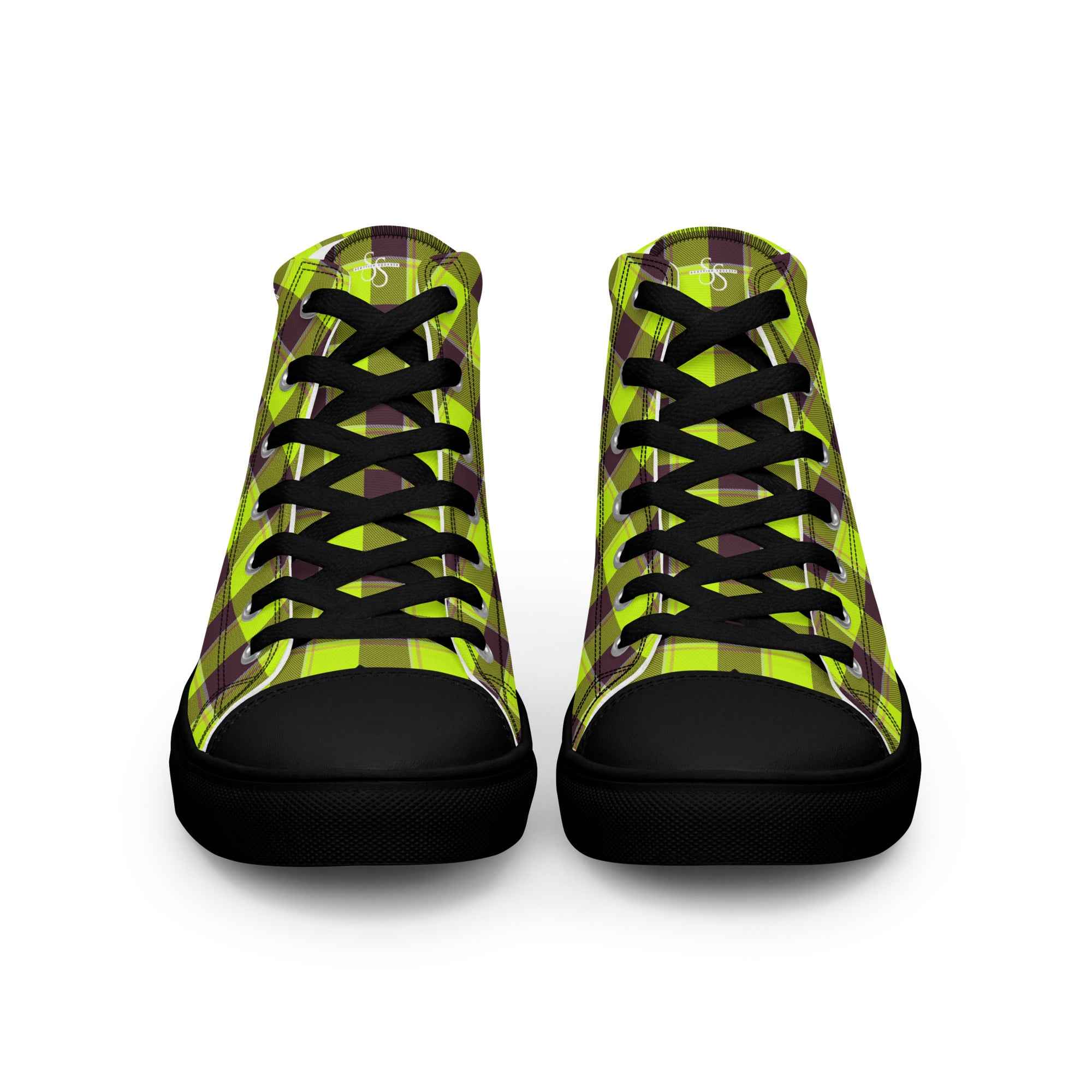 Women’s High Top Canvas Shoes Electric Lime and Livid Brown Plaid - Scottish Squares