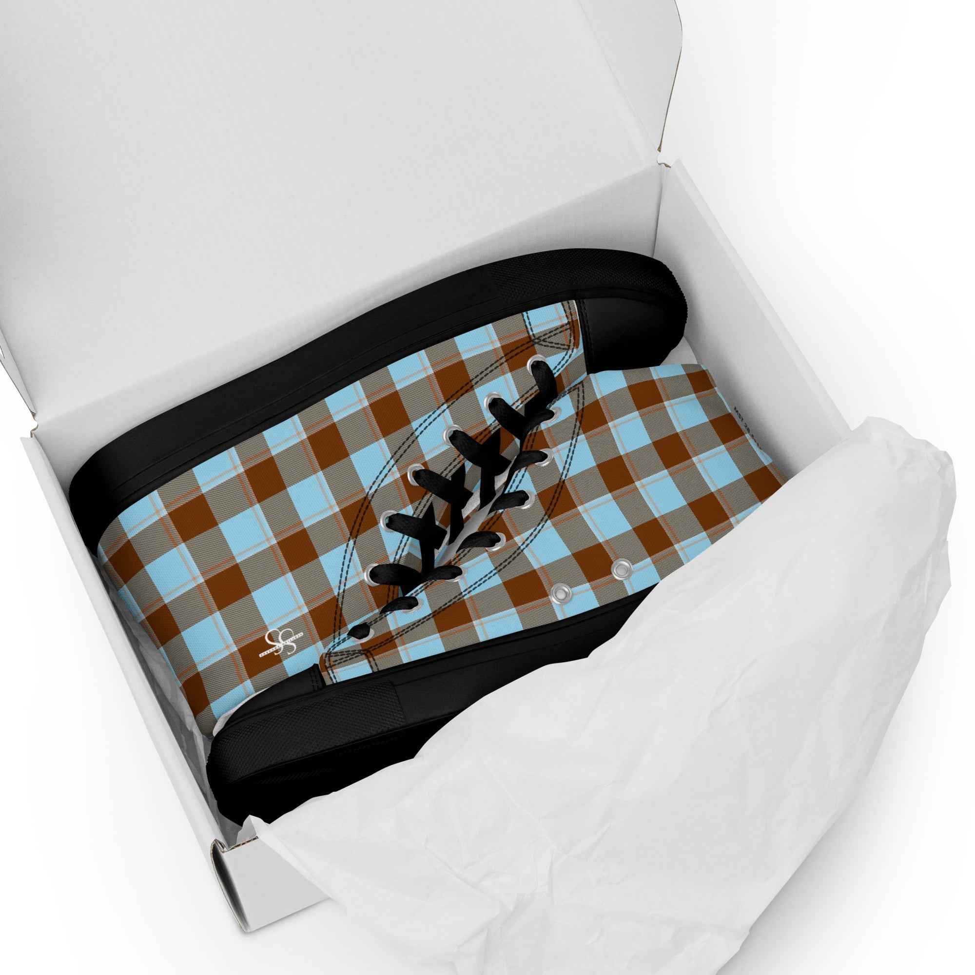Women’s High Top Canvas Shoes Blizzard Blue and Livid Brown Plaid - Scottish Squares