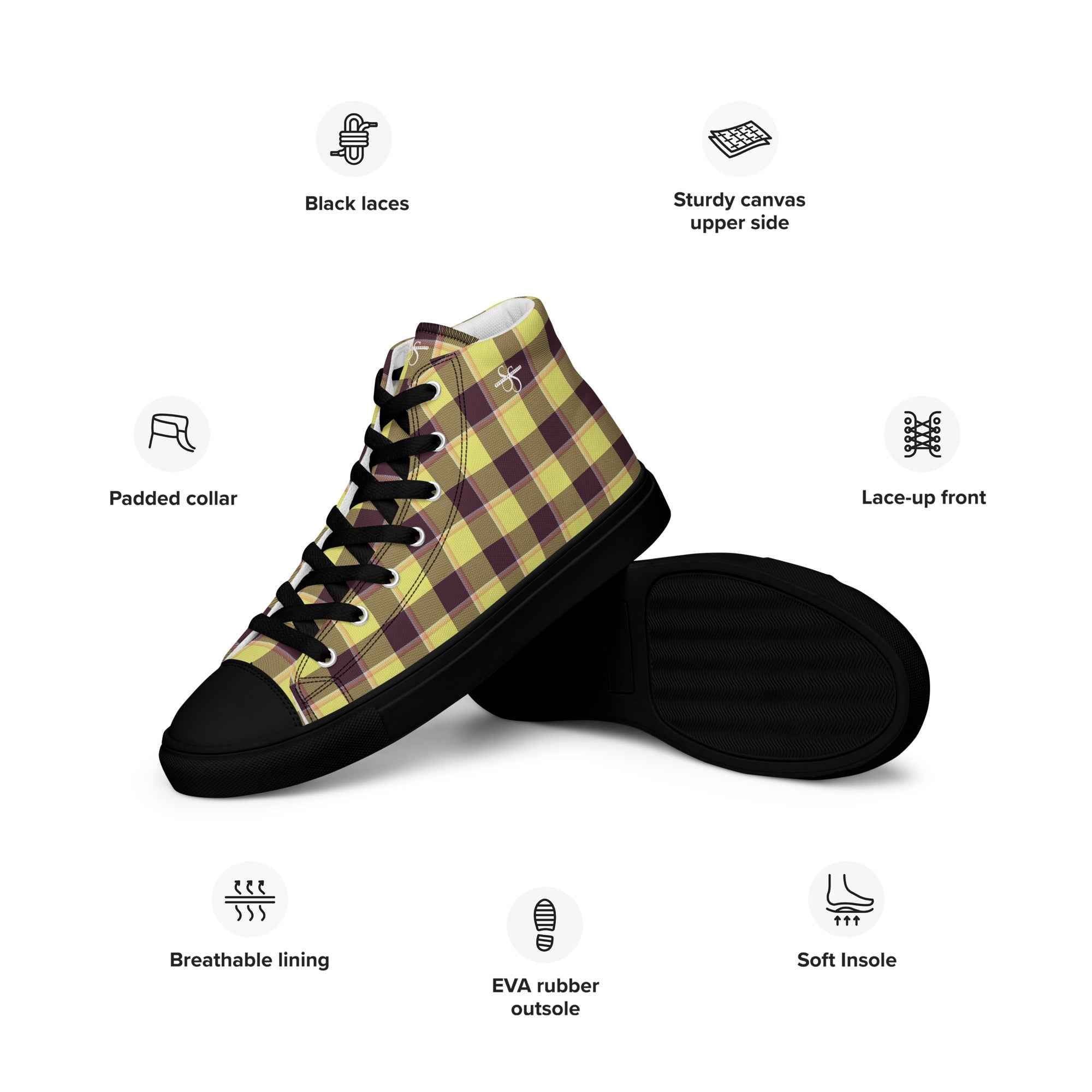 Women’s High Top Canvas Shoes Flax and Livid Brown Plaid - Scottish Squares