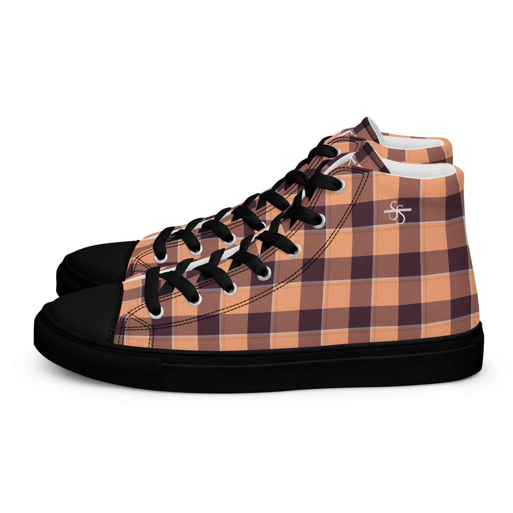 Women’s High Top Canvas Shoes Hit Pink and Livid Brown Plaid - Scottish Squares