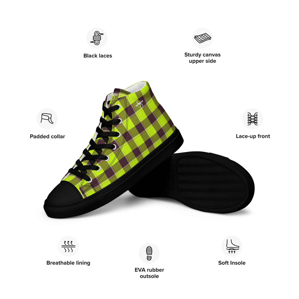 Women’s High Top Canvas Shoes Electric Lime and Livid Brown Plaid - Scottish Squares