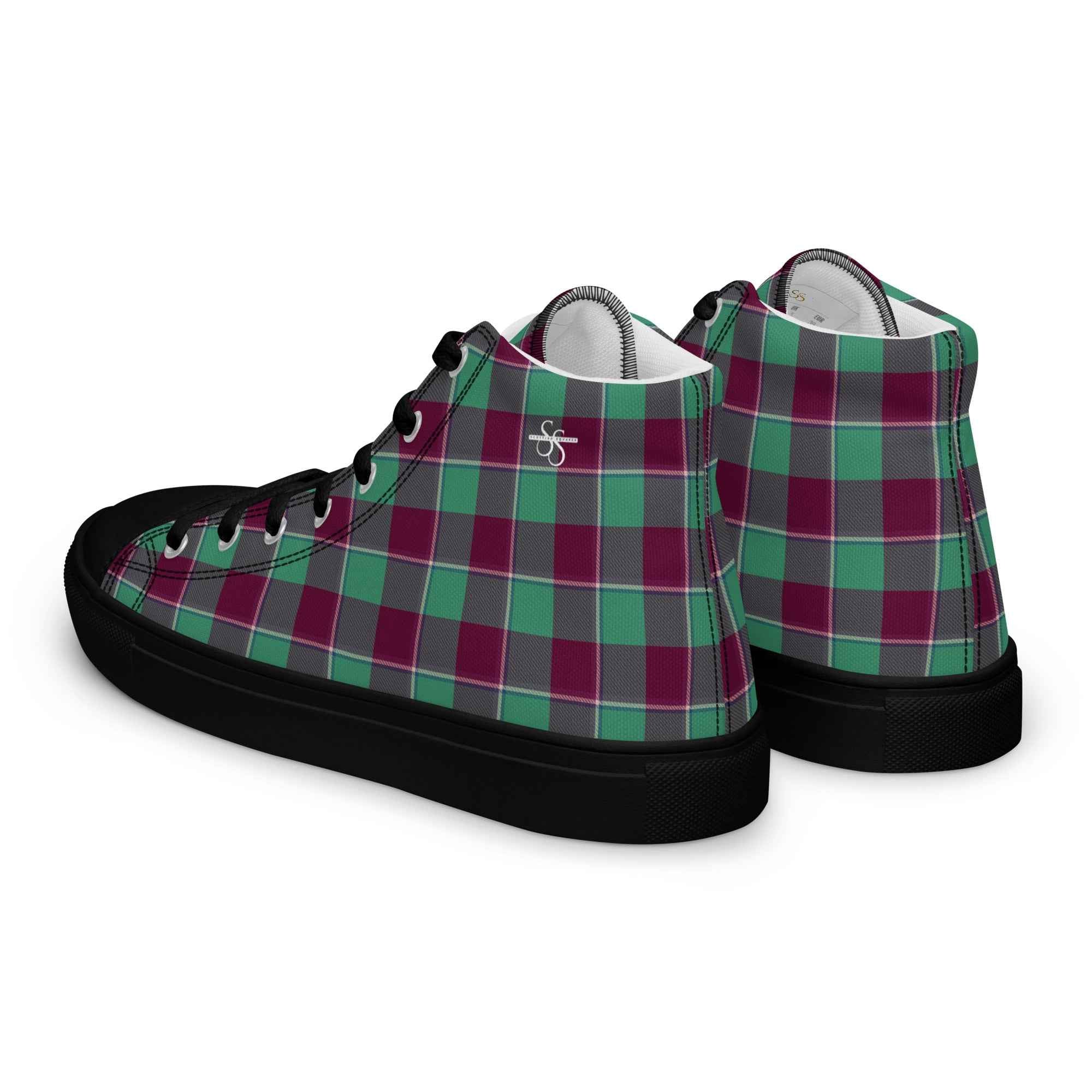 Women’s High Top Canvas Shoes Ocean Green and Mulberry Wood Plaid - Scottish Squares